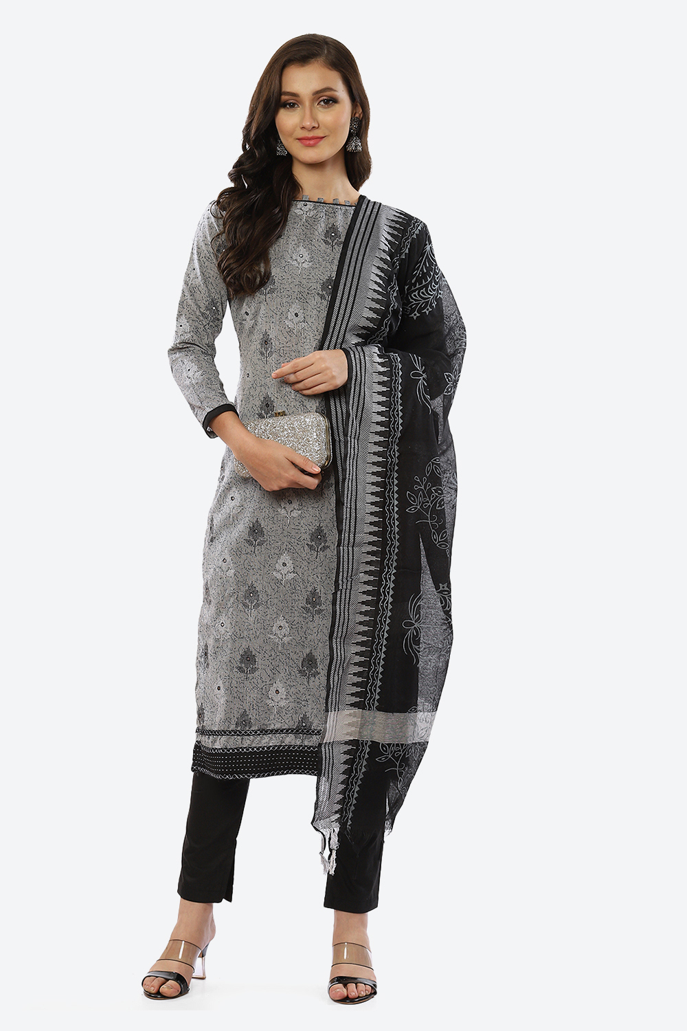 Grey Cotton Unstitched Suit Set image number 7