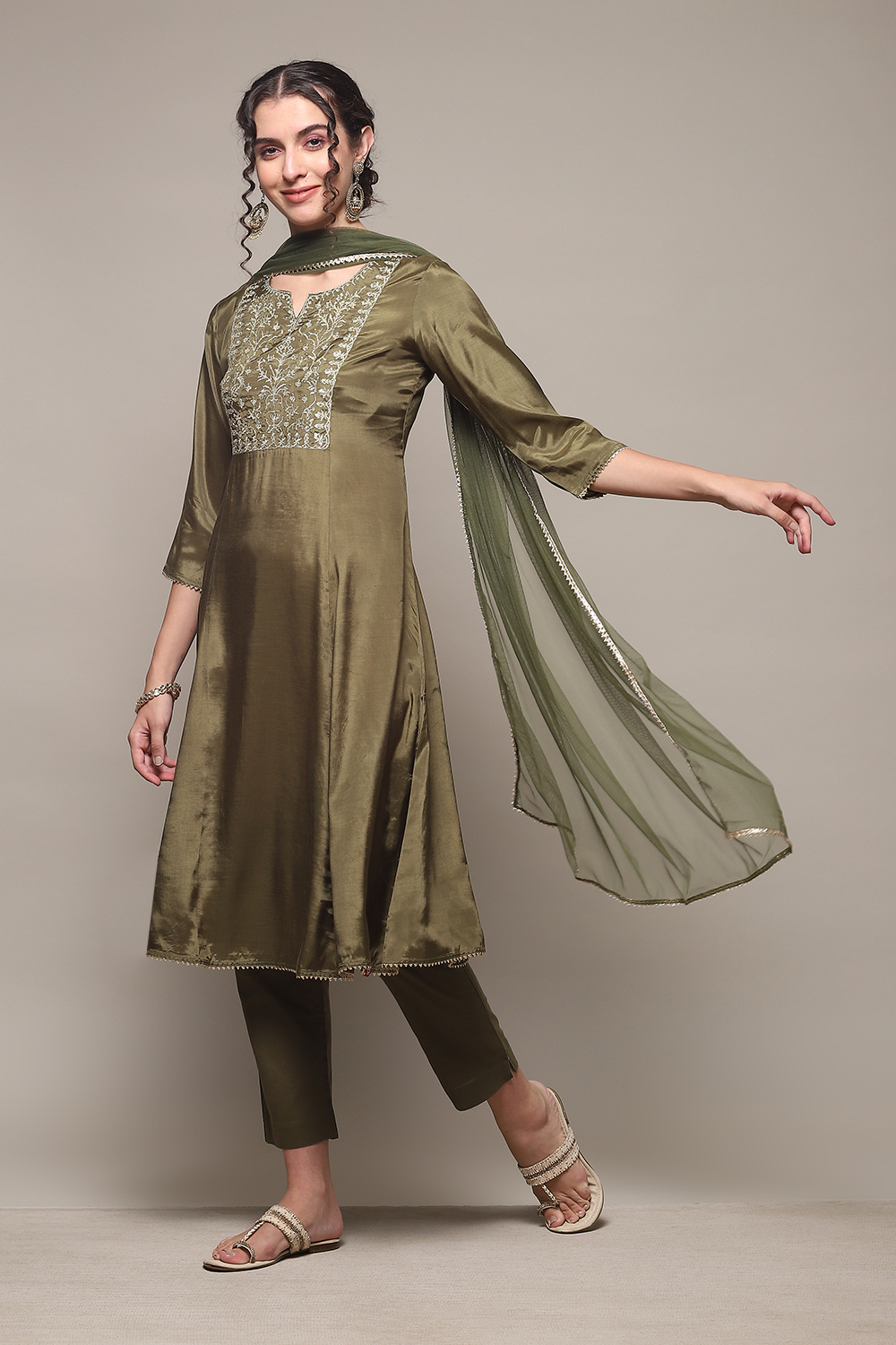 Mustard Viscose Kalidar Kurta Slim Pant Suit Set image number 5