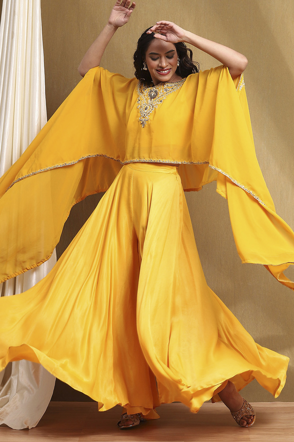Yellow Embroidered Fusion Set image number 0