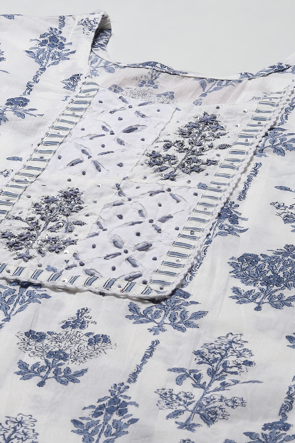 Blue Cotton Schiffly Unstitched Suit Set image number 2