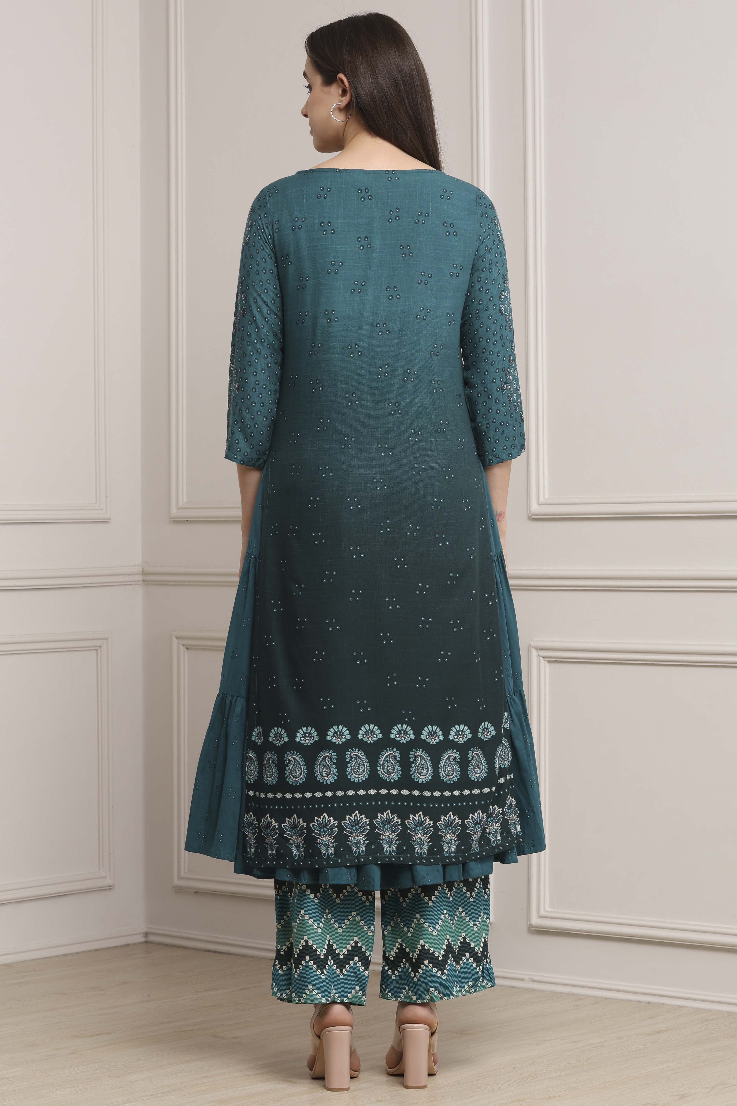 Blue Viscose Rayon Flared Kurta Pants Set image number 4