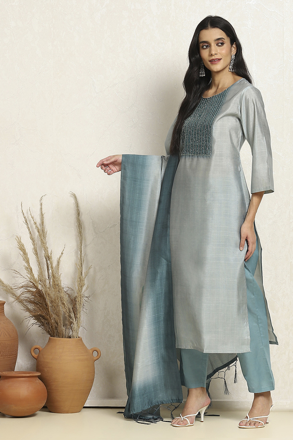 Pink Cotton Kota Embellished Unstitched Suit Set image number 4