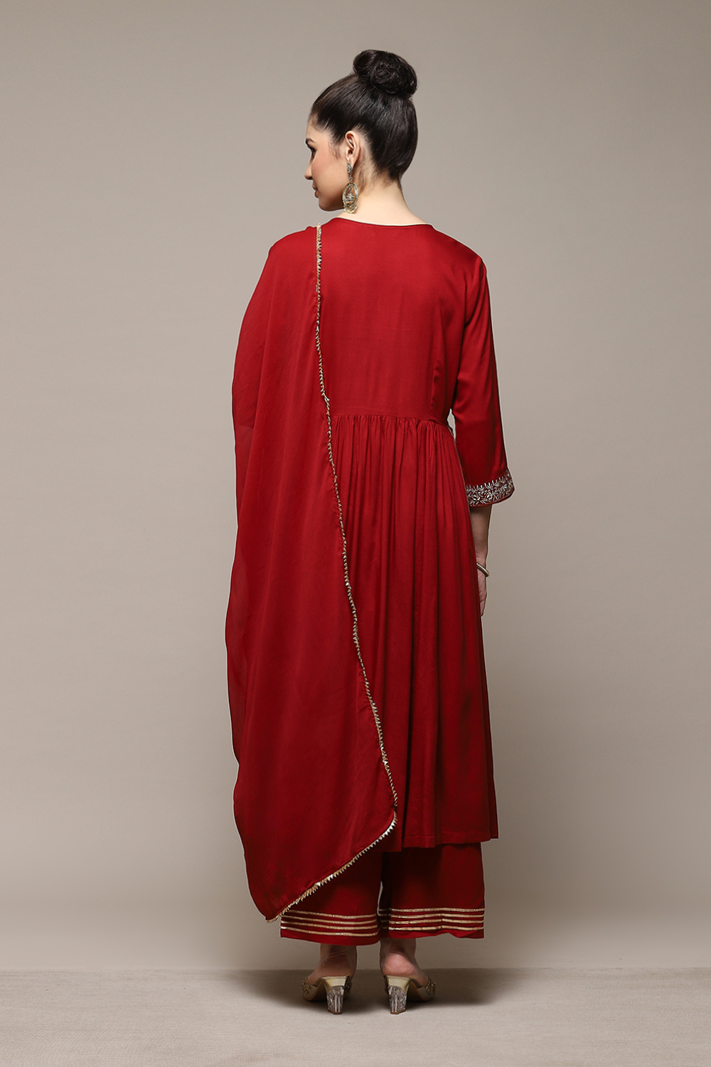 Teal LIVA Gathered Kurta Palazzo Suit Set image number 4