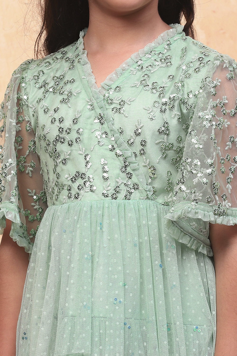 Mint Green Dobby Net Embellished Tiered Flared Dress image number 1