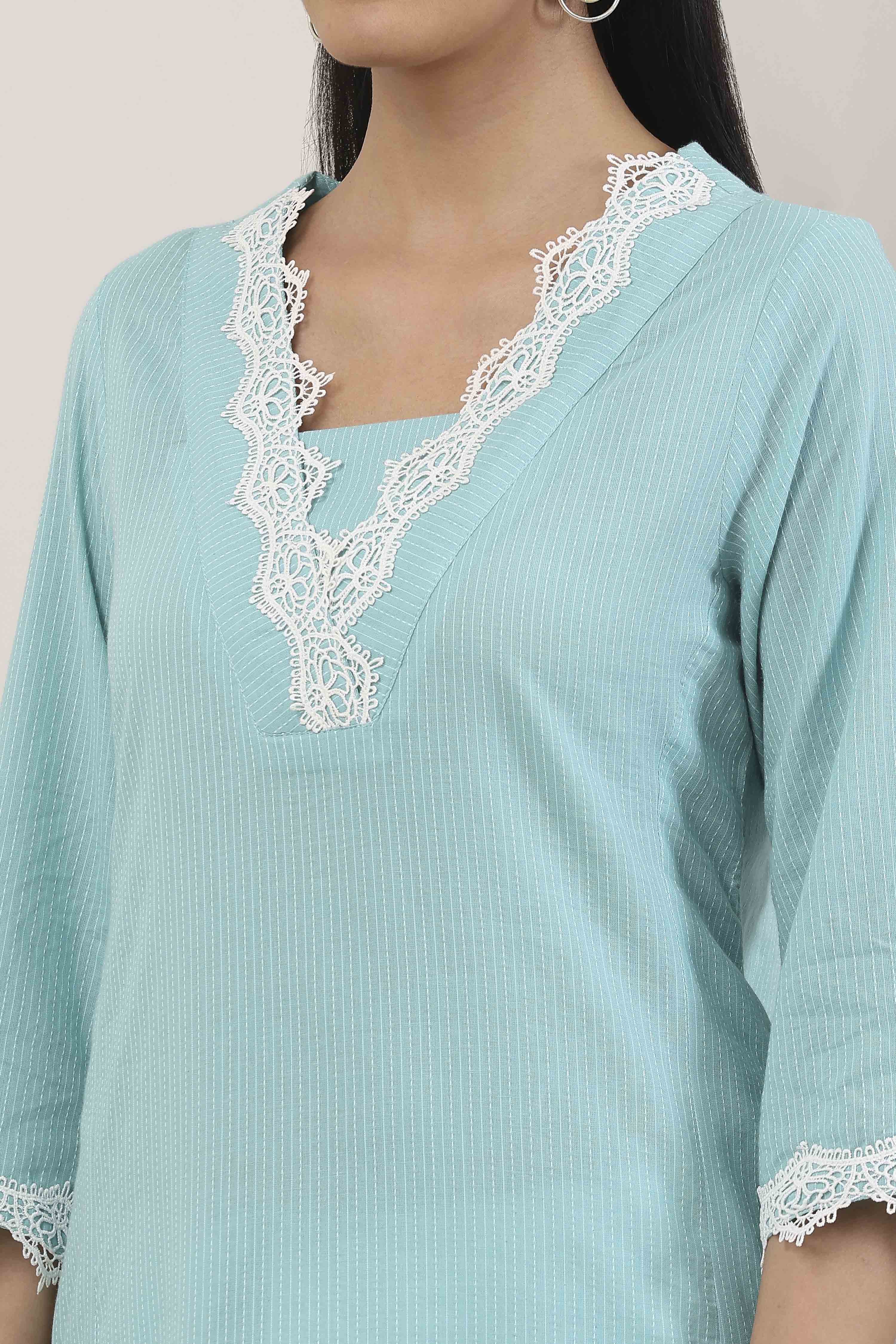 Blue Cotton Lace Trim Straight Kurta image number 1