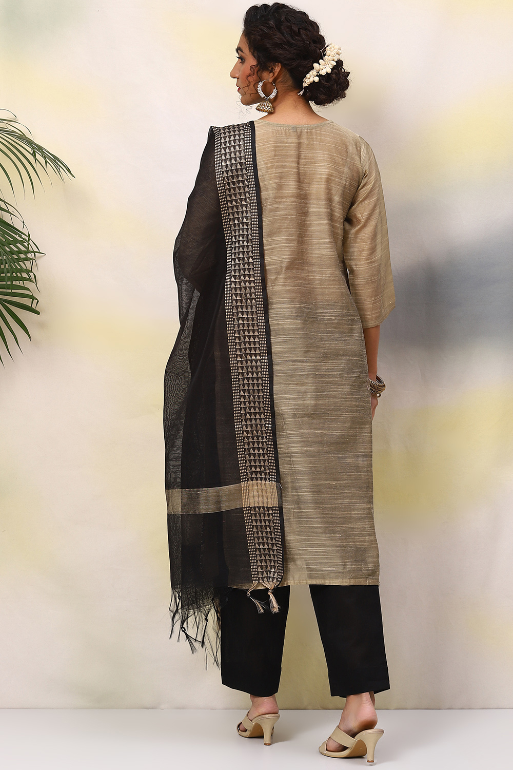 Beige Cotton Handloom Unstitched Suit Set image number 4