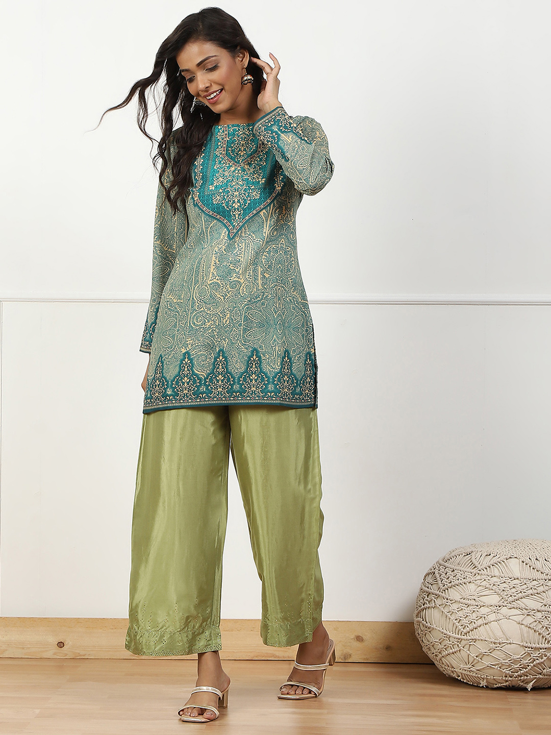 Mint Green Shantoon Straight Palazzo image number 0