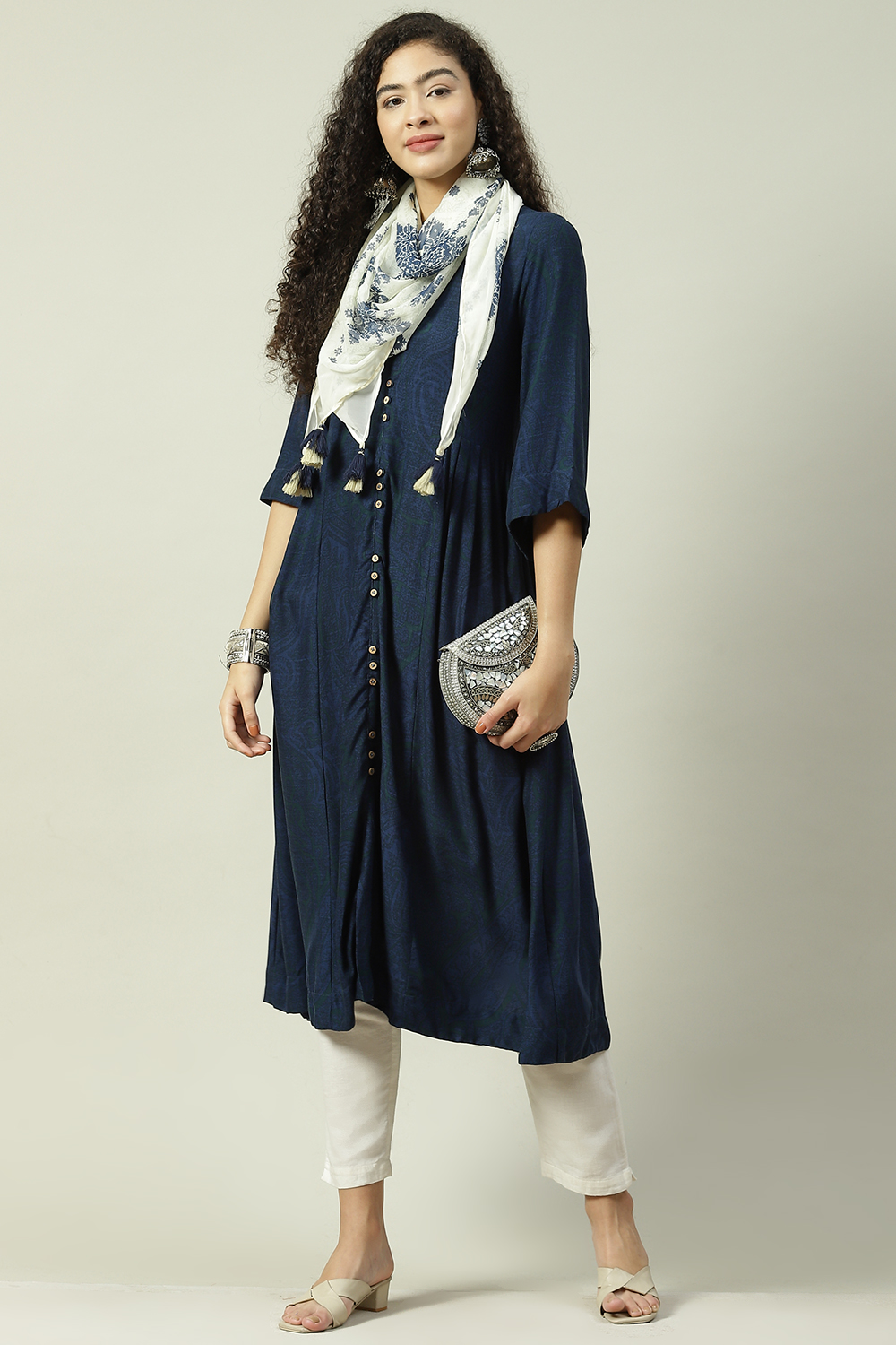 Ecru LIVA A-Line Fusion Printed Dress image number 5