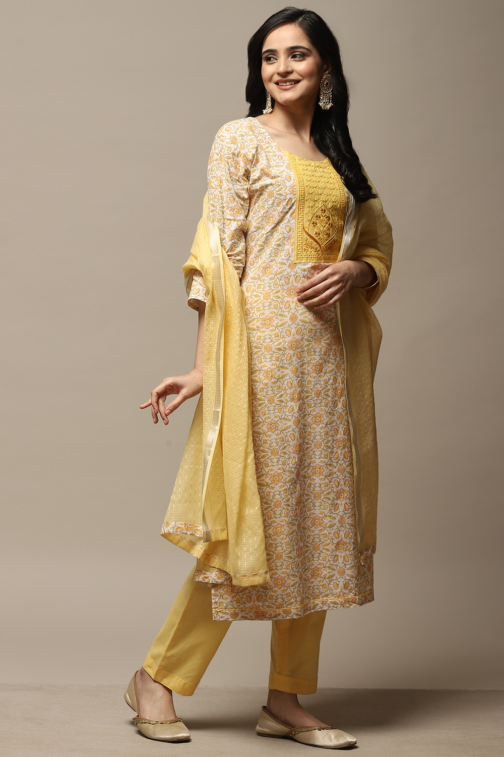 Yellow Cotton Handloom Unstitched Suit Set image number 5