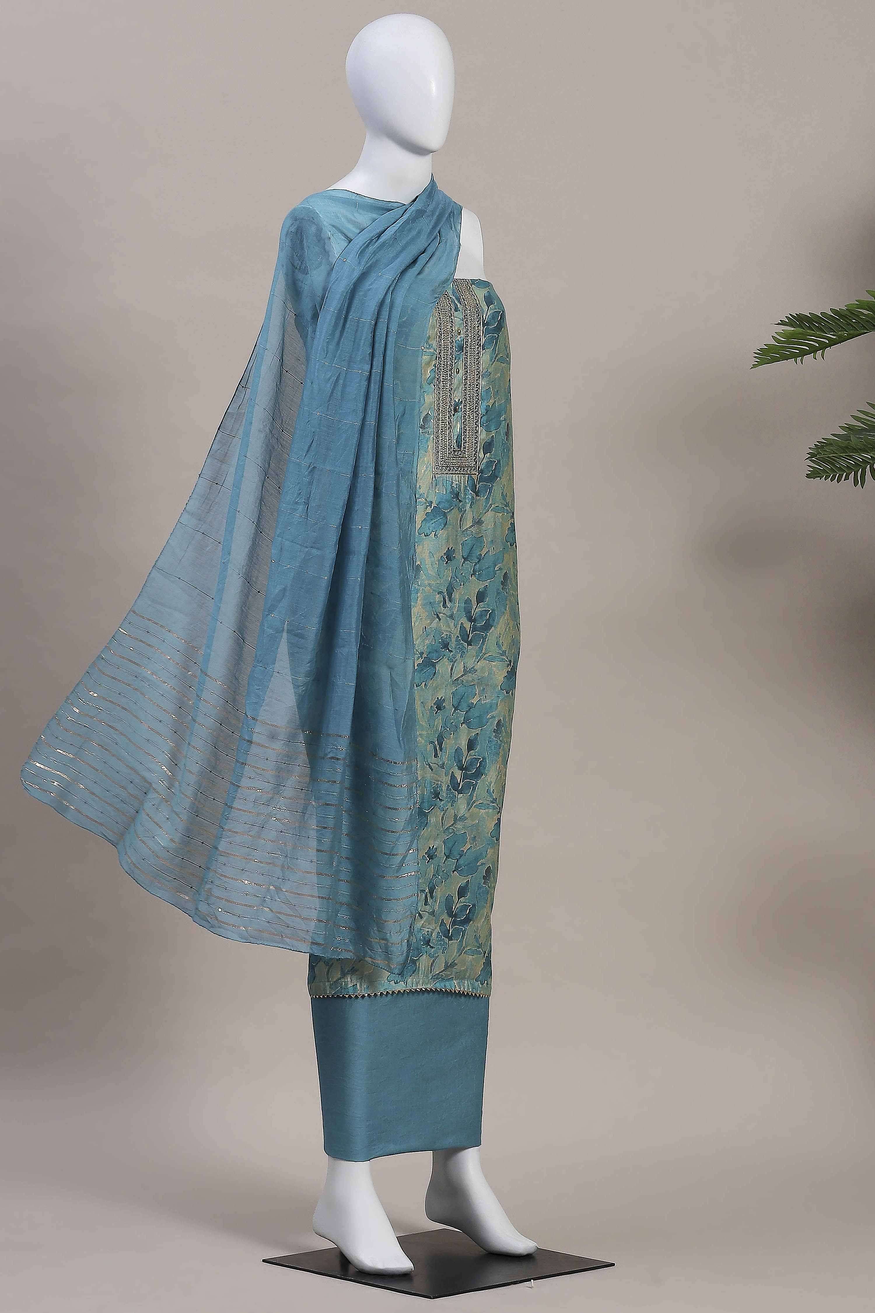 Blue Modal Rajasthani Print Unstitched Suit Set image number 4