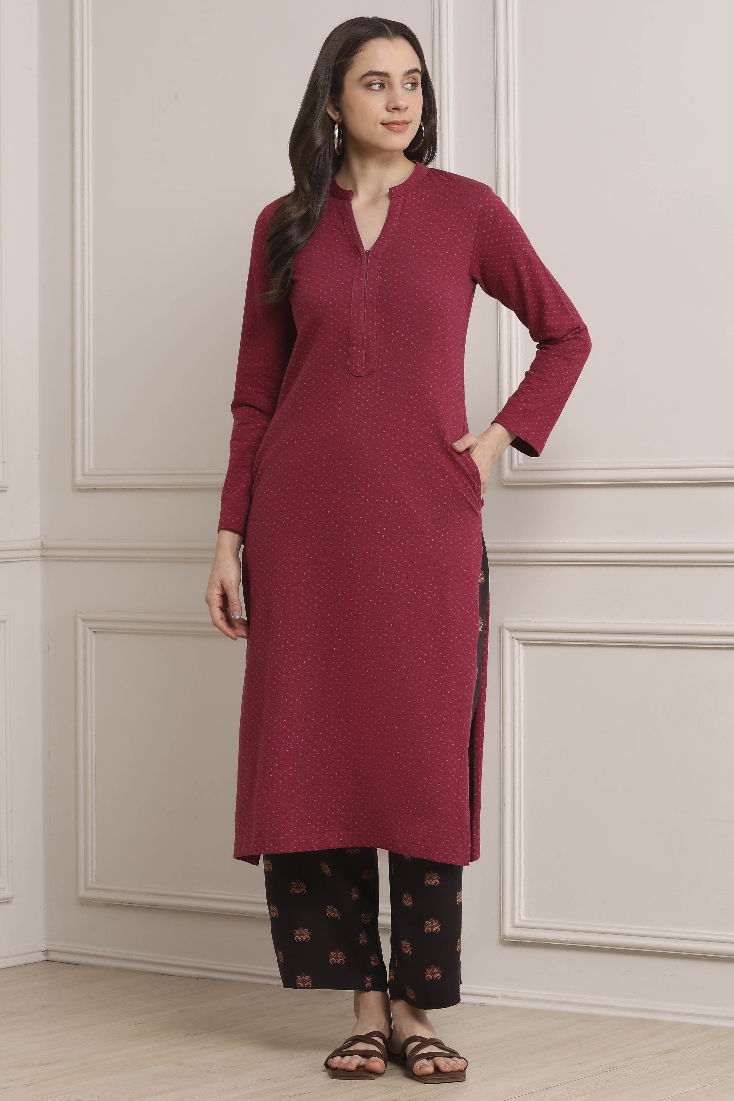 Berry Cotton Straight Kurta Pants Set image number 6