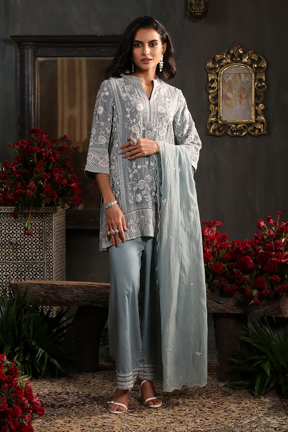 Earthy Blue Chanderi Embroidered Straight Suit Set image number 6