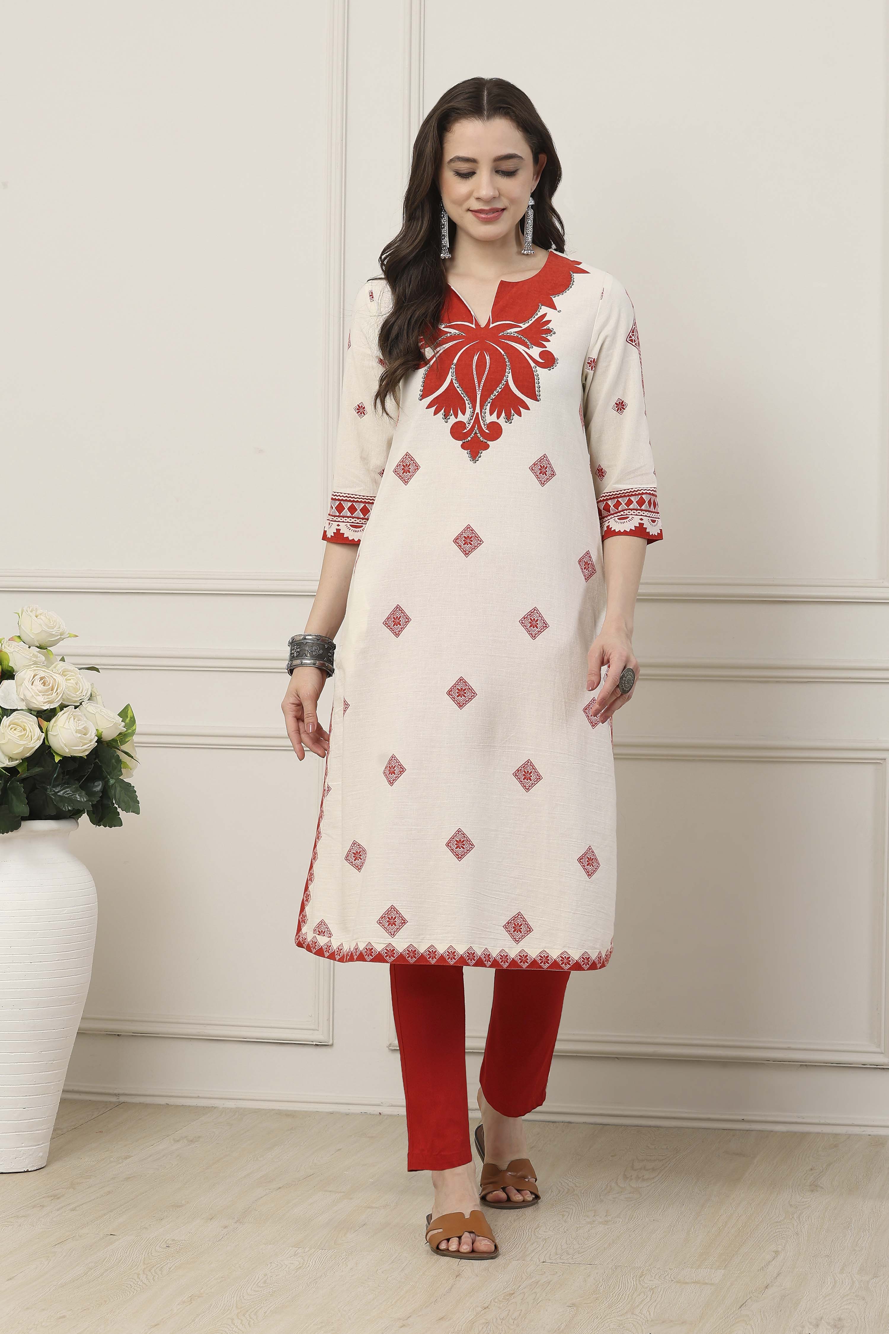 Orange Cotton Straight Kurta image number 5