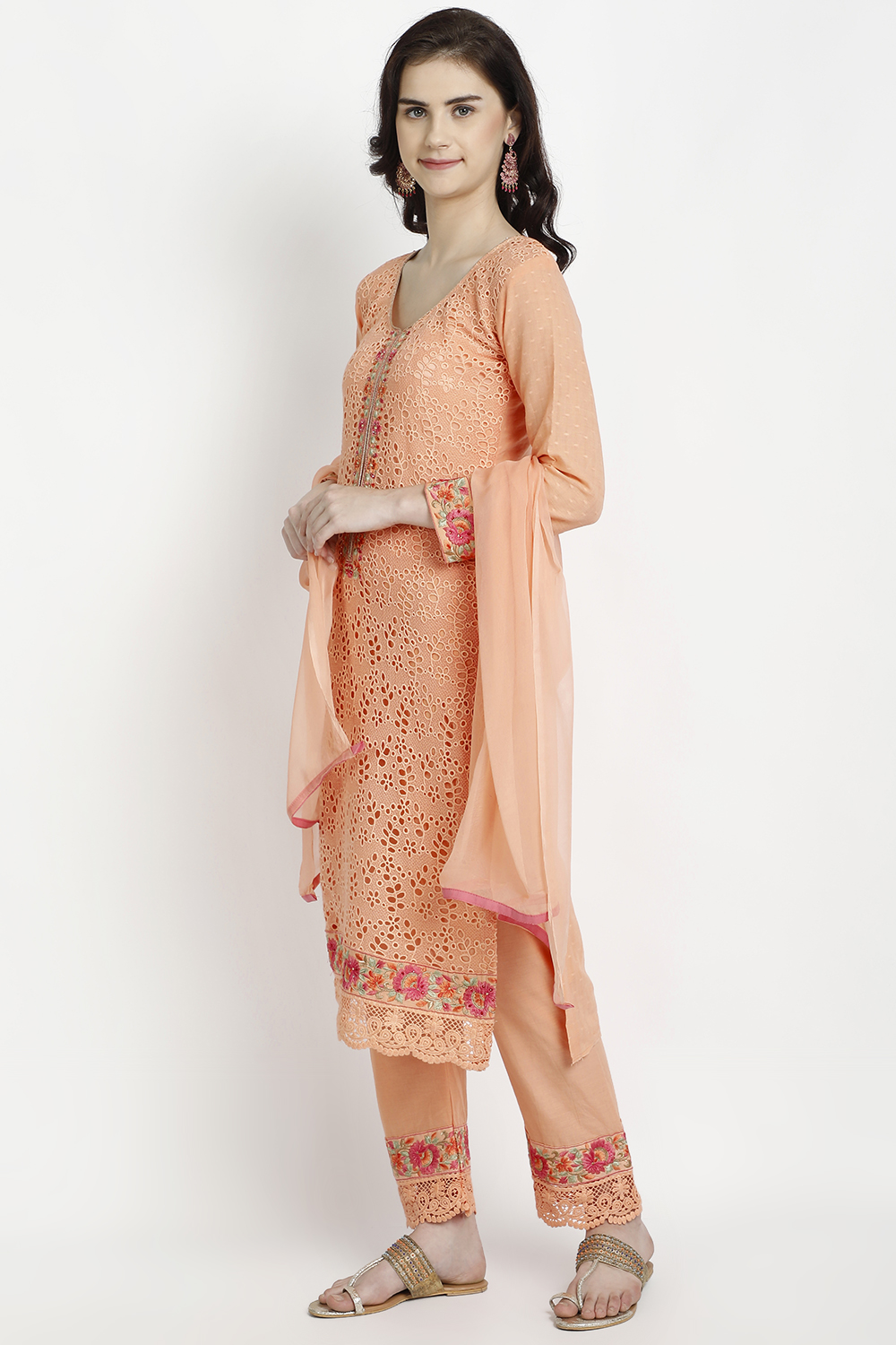 Orange Chanderi Silk Unstitched Suit Set image number 2