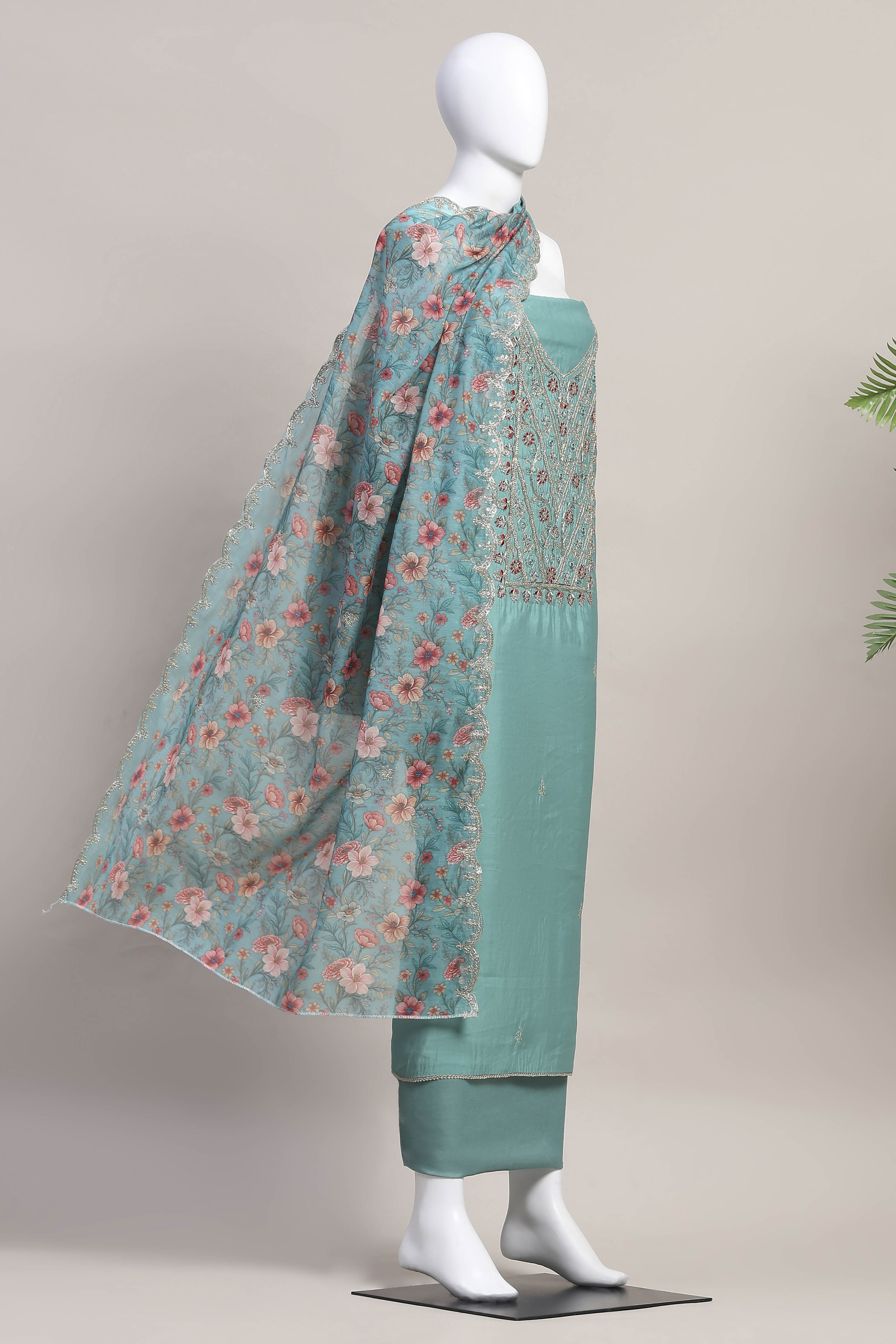 Teal Cotton Printed Embroidered Unstitched Suit Set image number 4