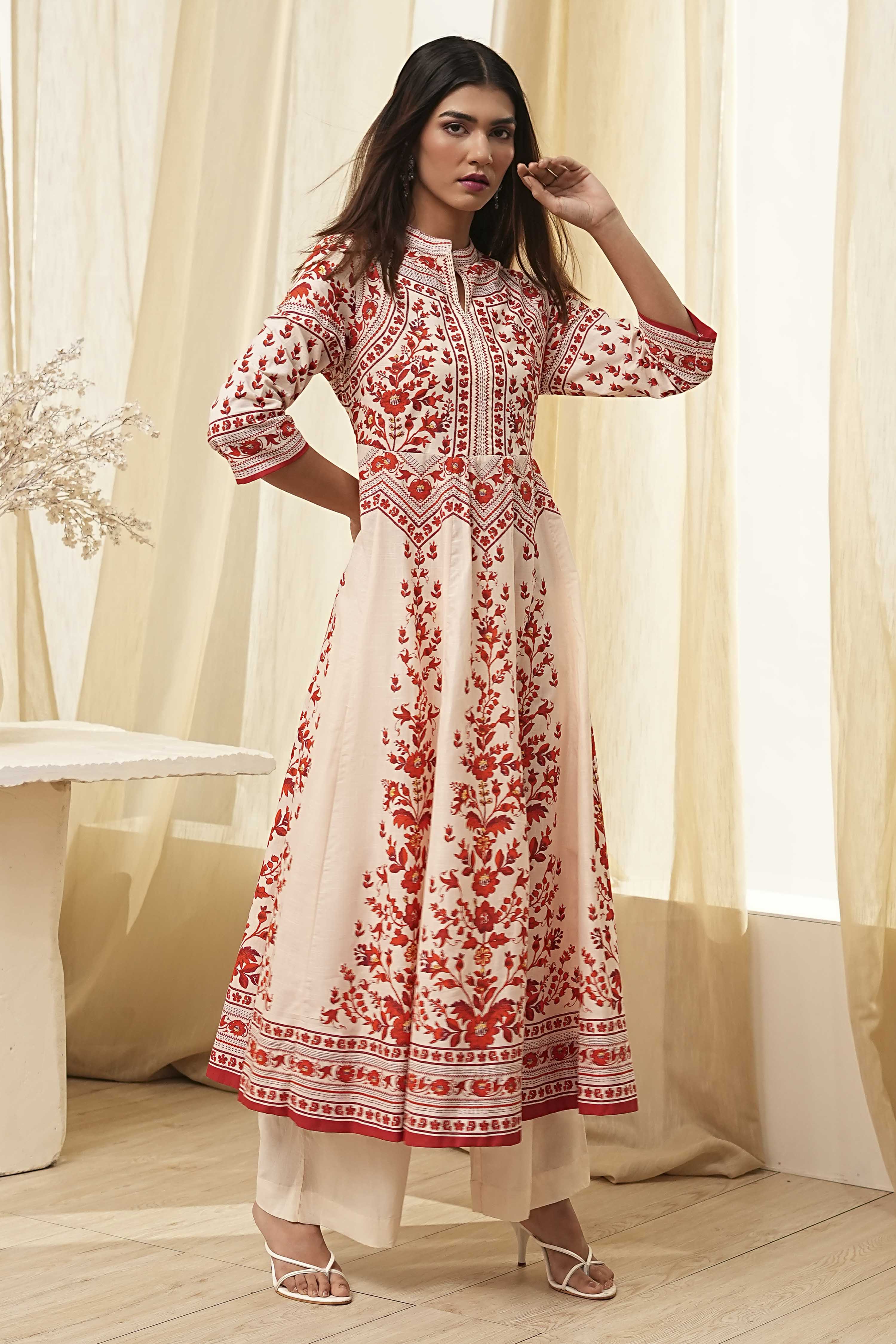 White and Black Cotton Printed Anarkali Kurta Set image number 6