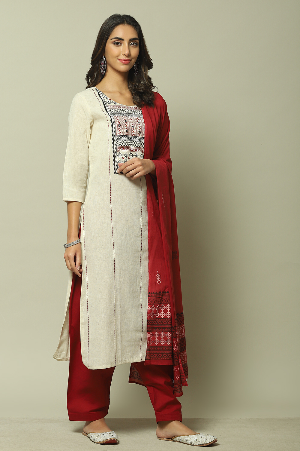 Red Flex Machine Embroidered Unstitched Suit Set image number 4