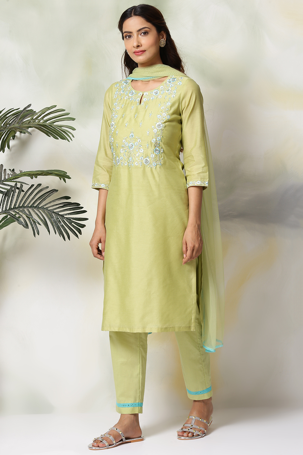 Peach Cotton Blend A-Line Kurta Pants Suit Set image number 4