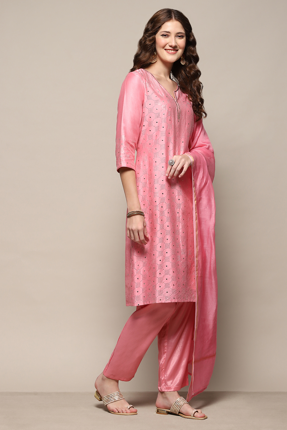 Pink Yard-Dyed Chanderi Kurta & Pants Suit Set image number 6