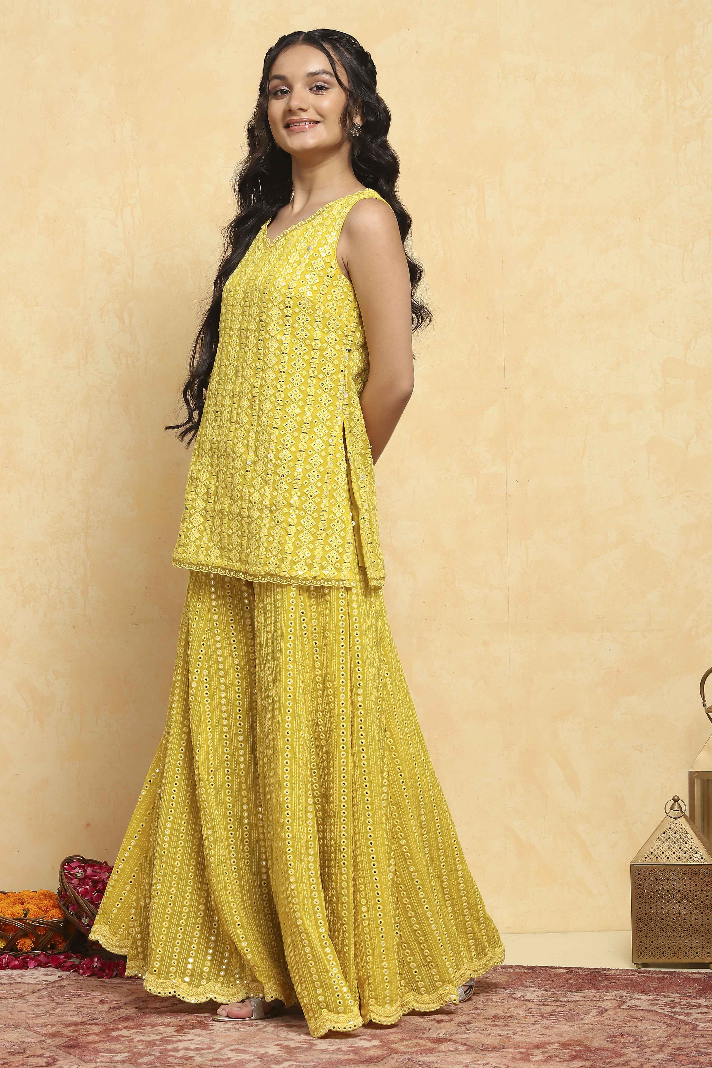 Yellow Polyester Dyed Straight Sharara Suit Set image number 3