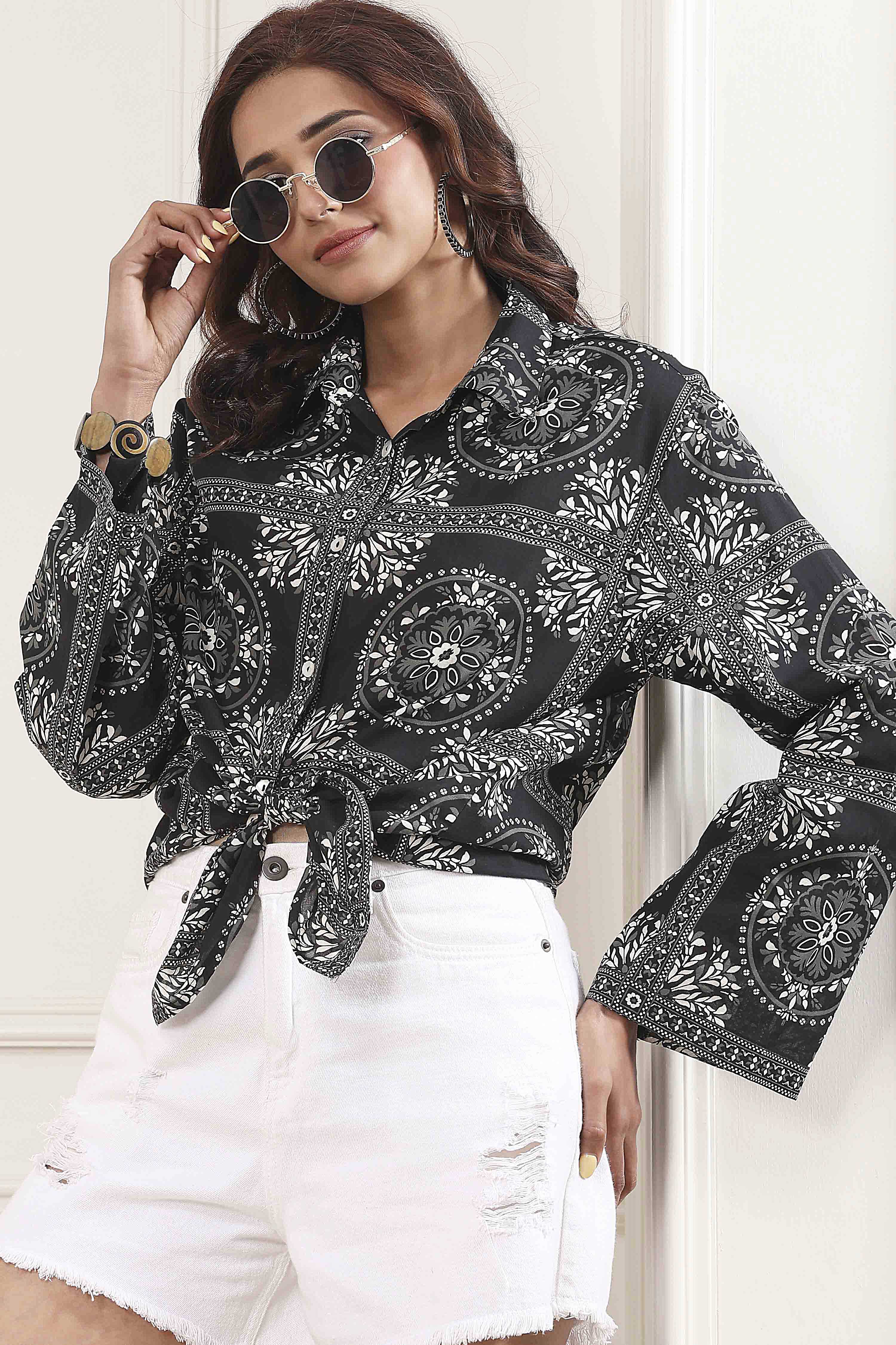 Black Cotton Printed Straight Shirt image number 0