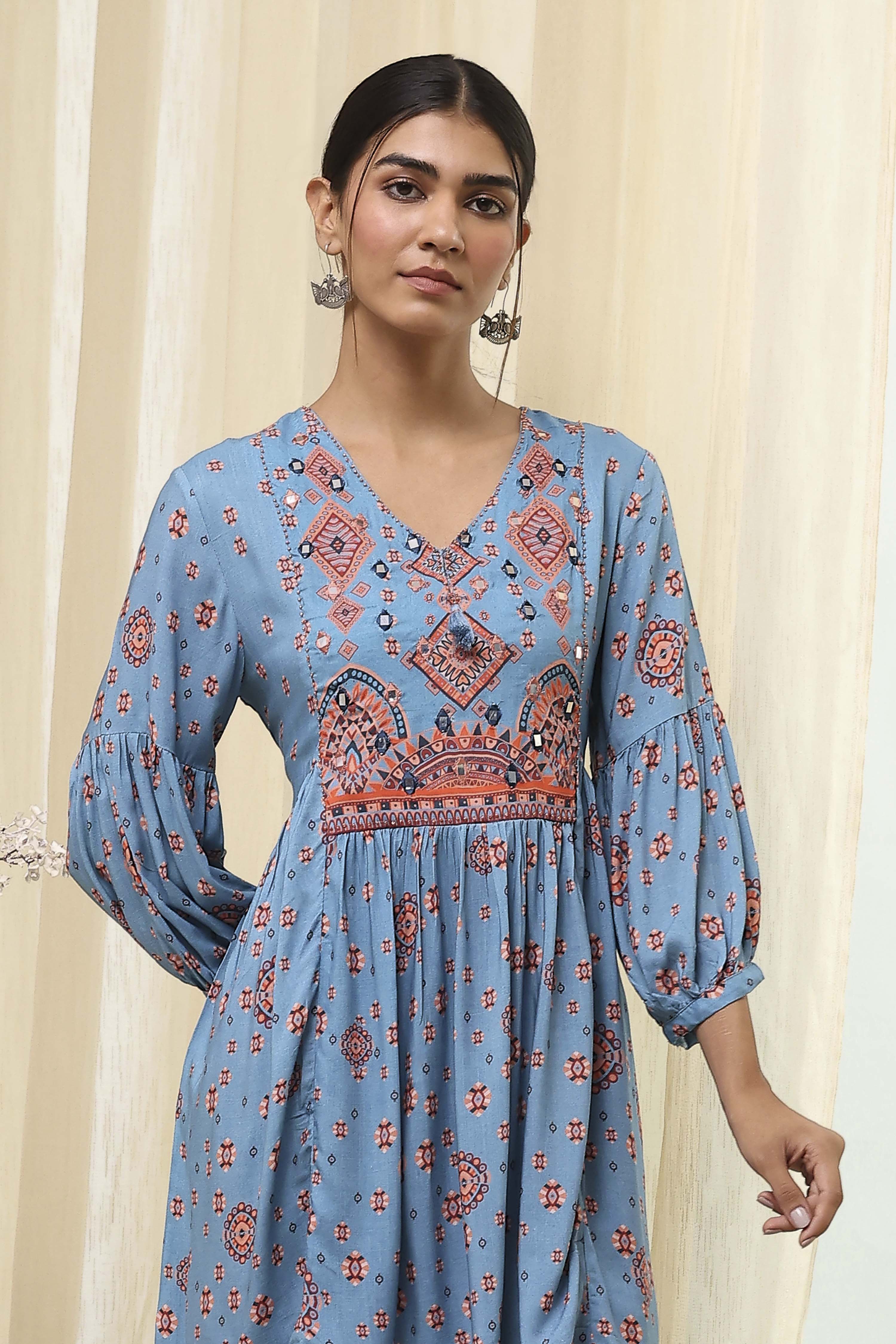 Dull Blue Printed Short Kurta image number 1