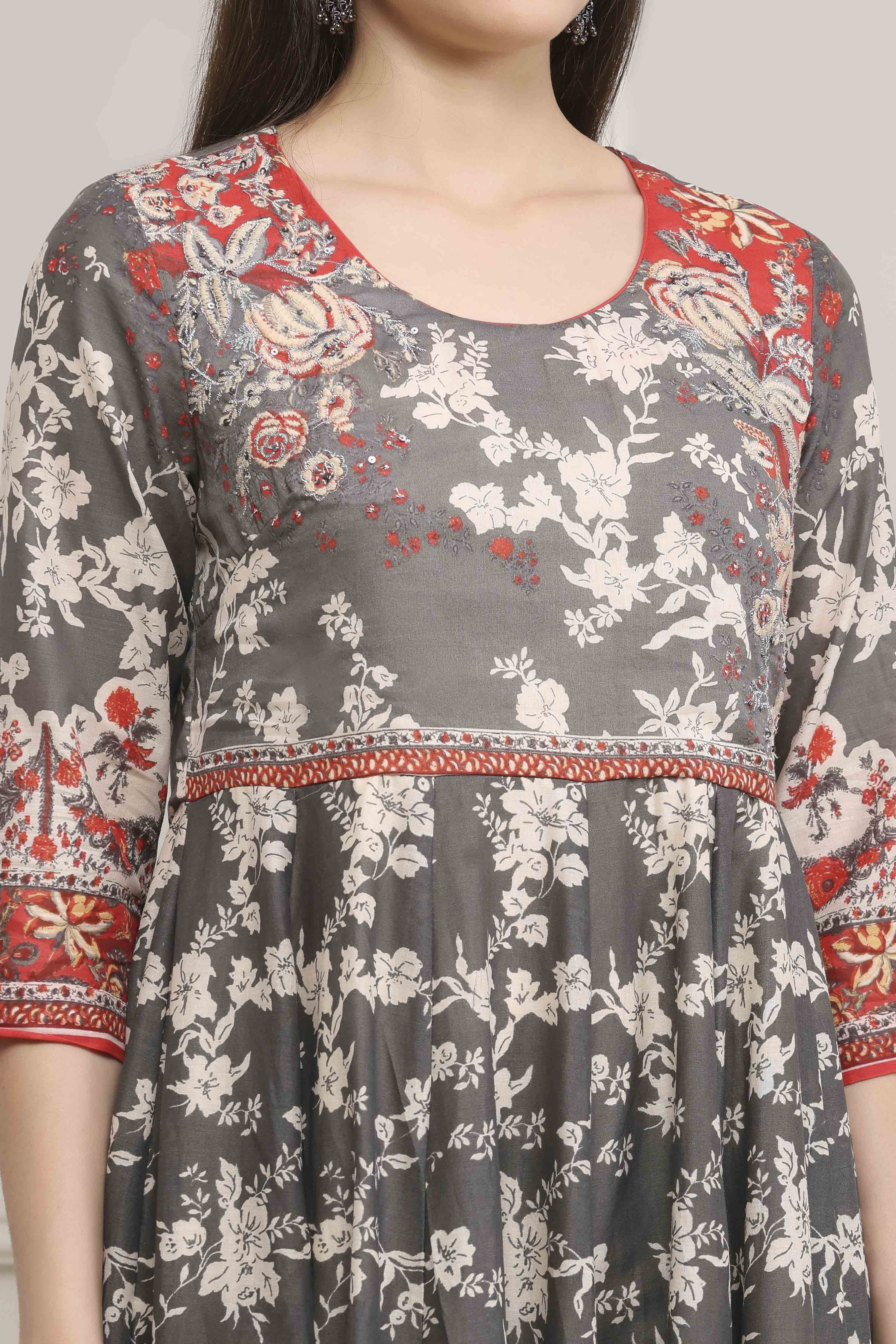 Grey Cotton Printed Anarkali Suit Set image number 1