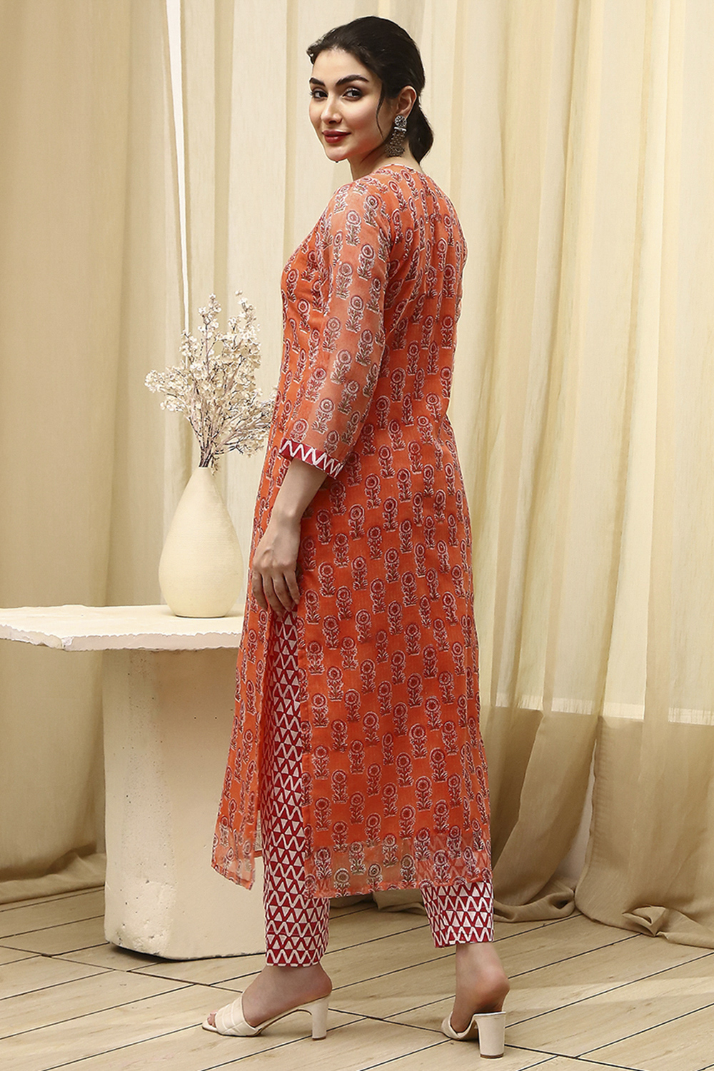 Coral Cotton Hand Block Print Unstitched Suit Set image number 6