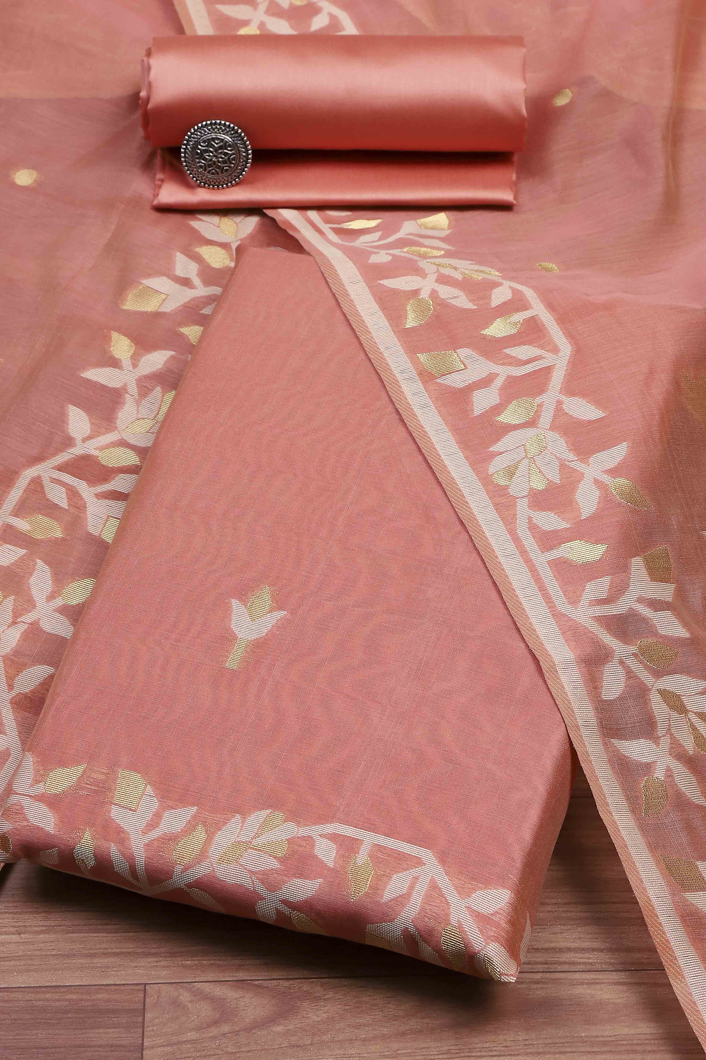 Rust Cotton Jamdani Unstitched Suit Set image number 0