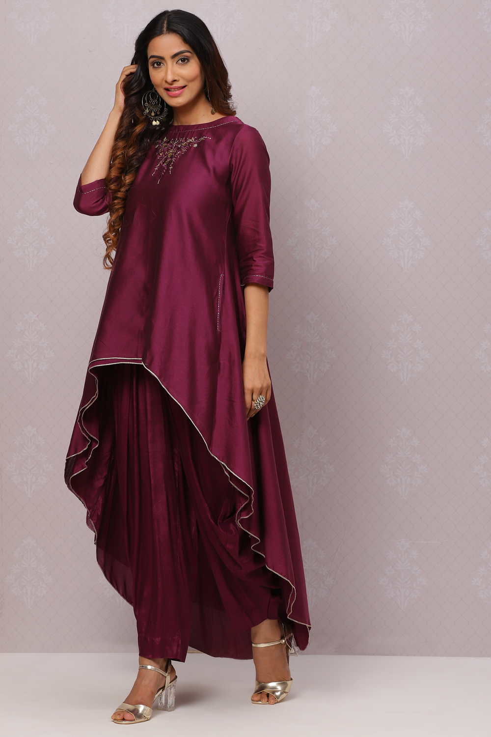 Teal Flared Cotton Silk Fusion Wear 2 Piece Set image number 4