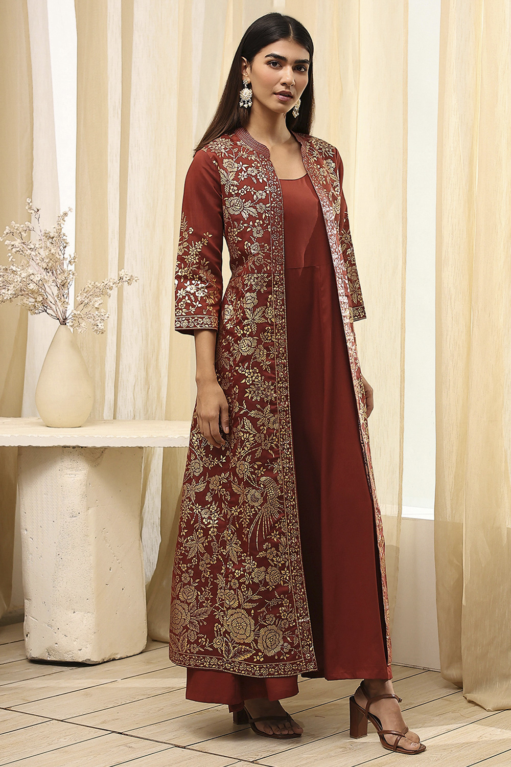 Earthy Brown Printed Layered Cape Dress image number 4
