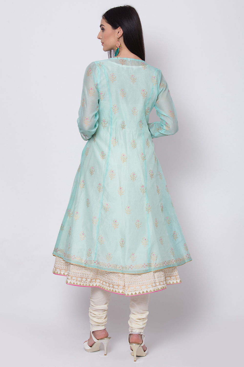 Coral Poly Cotton Front Open Kurta Churidar Suit Set image number 6