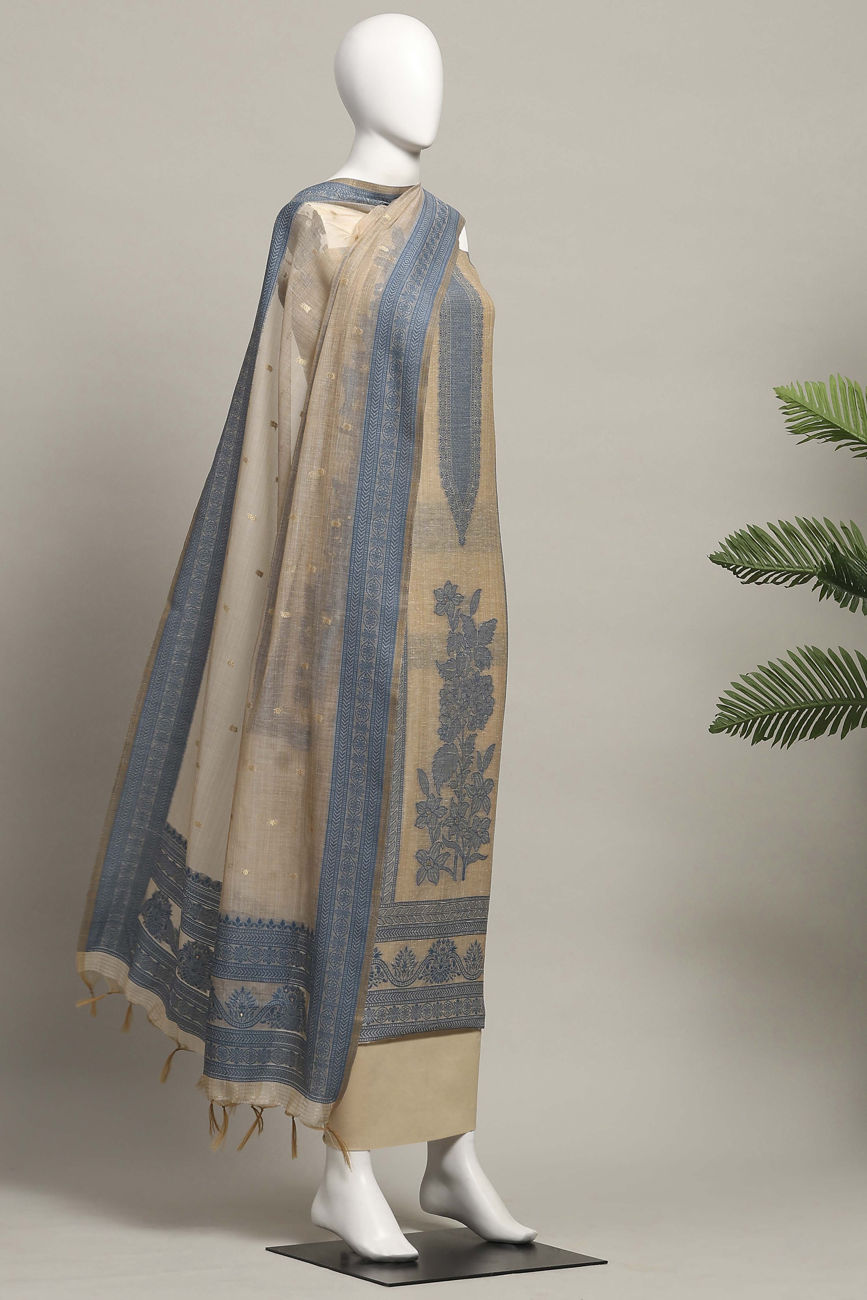 Blue Cotton Royal-Mughal Booti Print Unstitched Suit Set image number 4