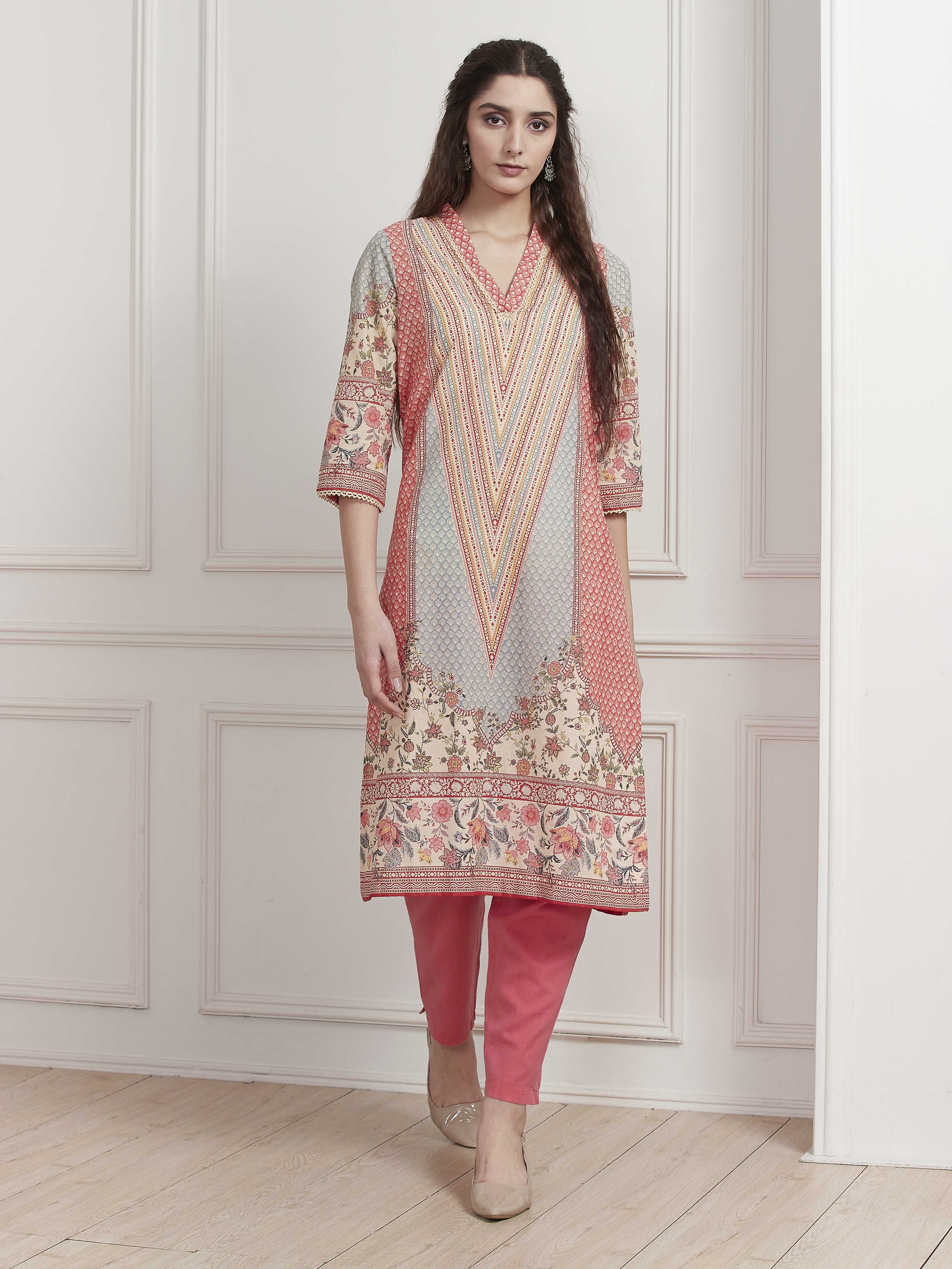 Red Cotton Printed Straight Kurta image number 0