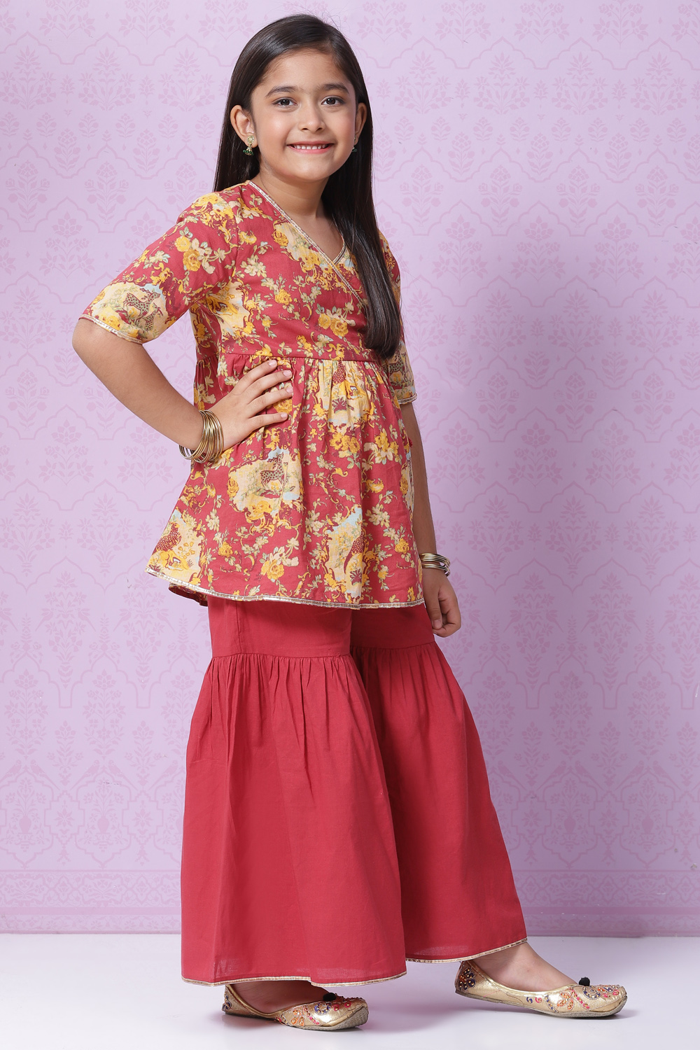 Red Cotton Flared Printed Kurta Set image number 5