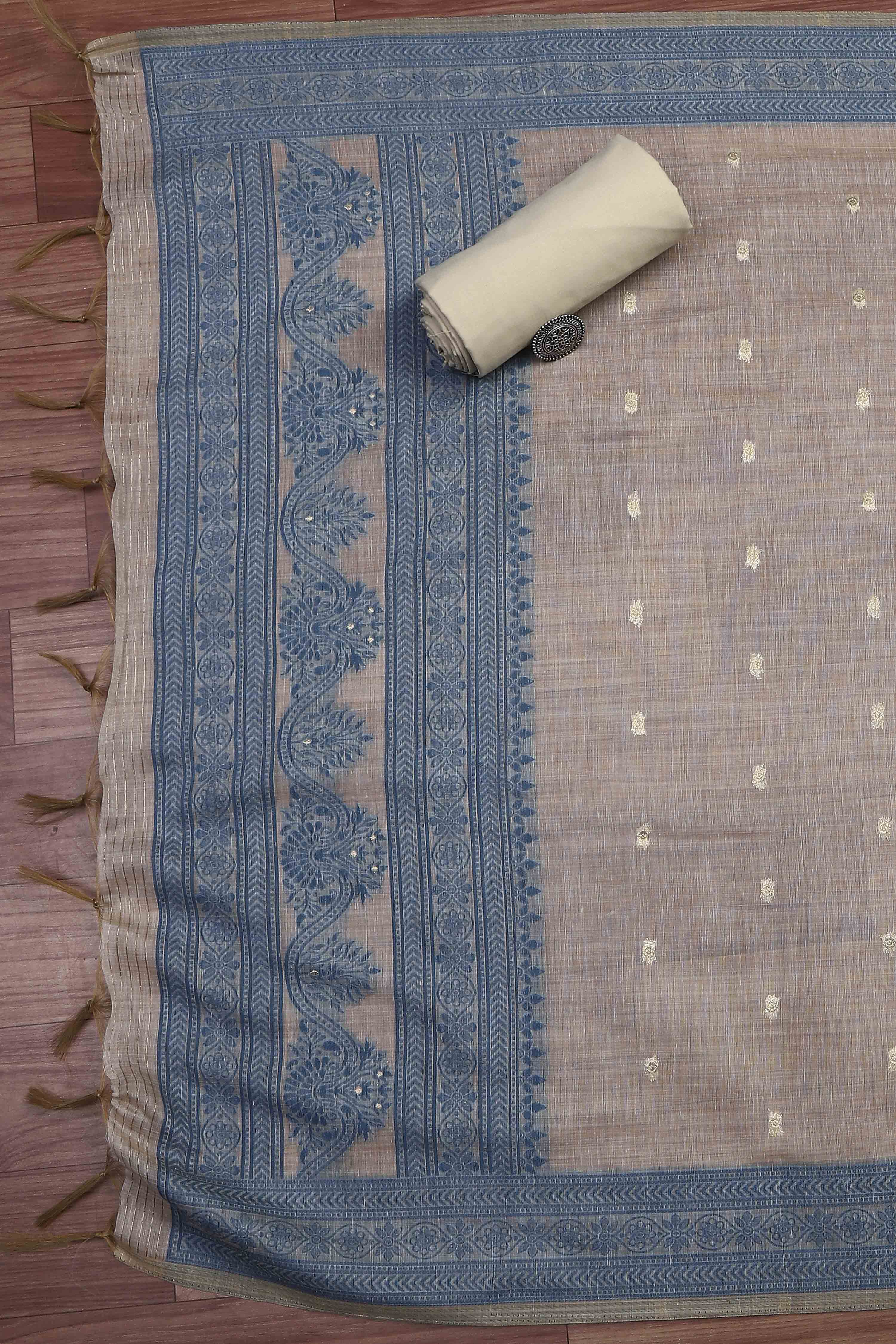 Blue Cotton Royal-Mughal Booti Print Unstitched Suit Set image number 3