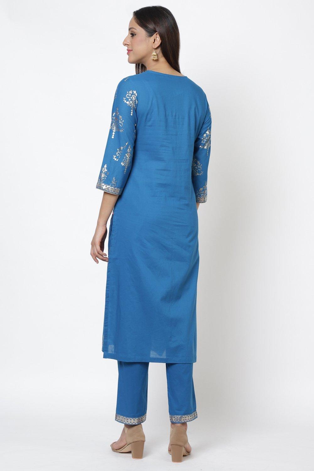 Royal Blue Straight Kurta Regular Pants Suit Set image number 4