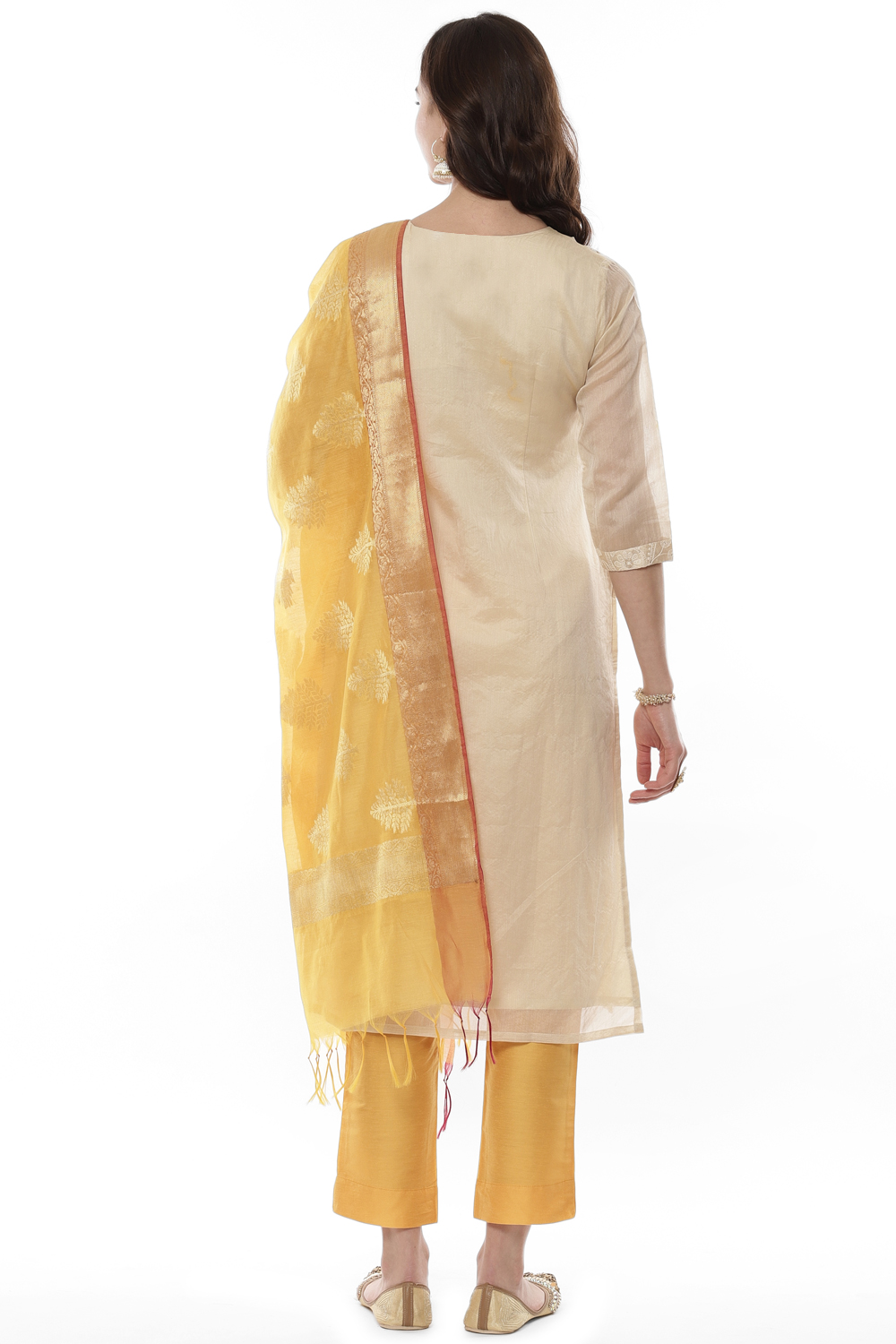 Beige Cotton Blend Machine Embroidered Unstitched Suit Set image number 4