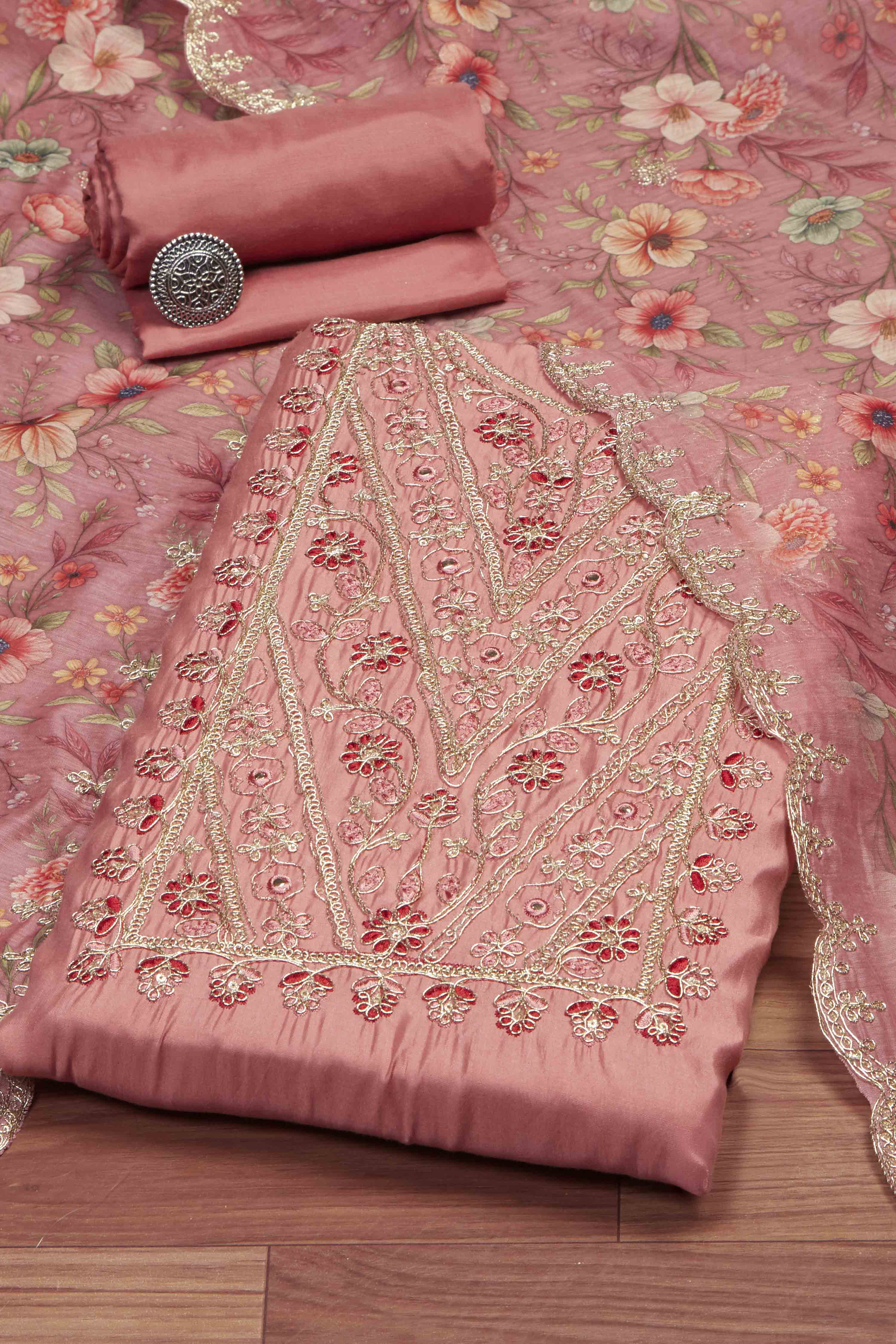 Teal Cotton Printed Embroidered Unstitched Suit Set image number 0
