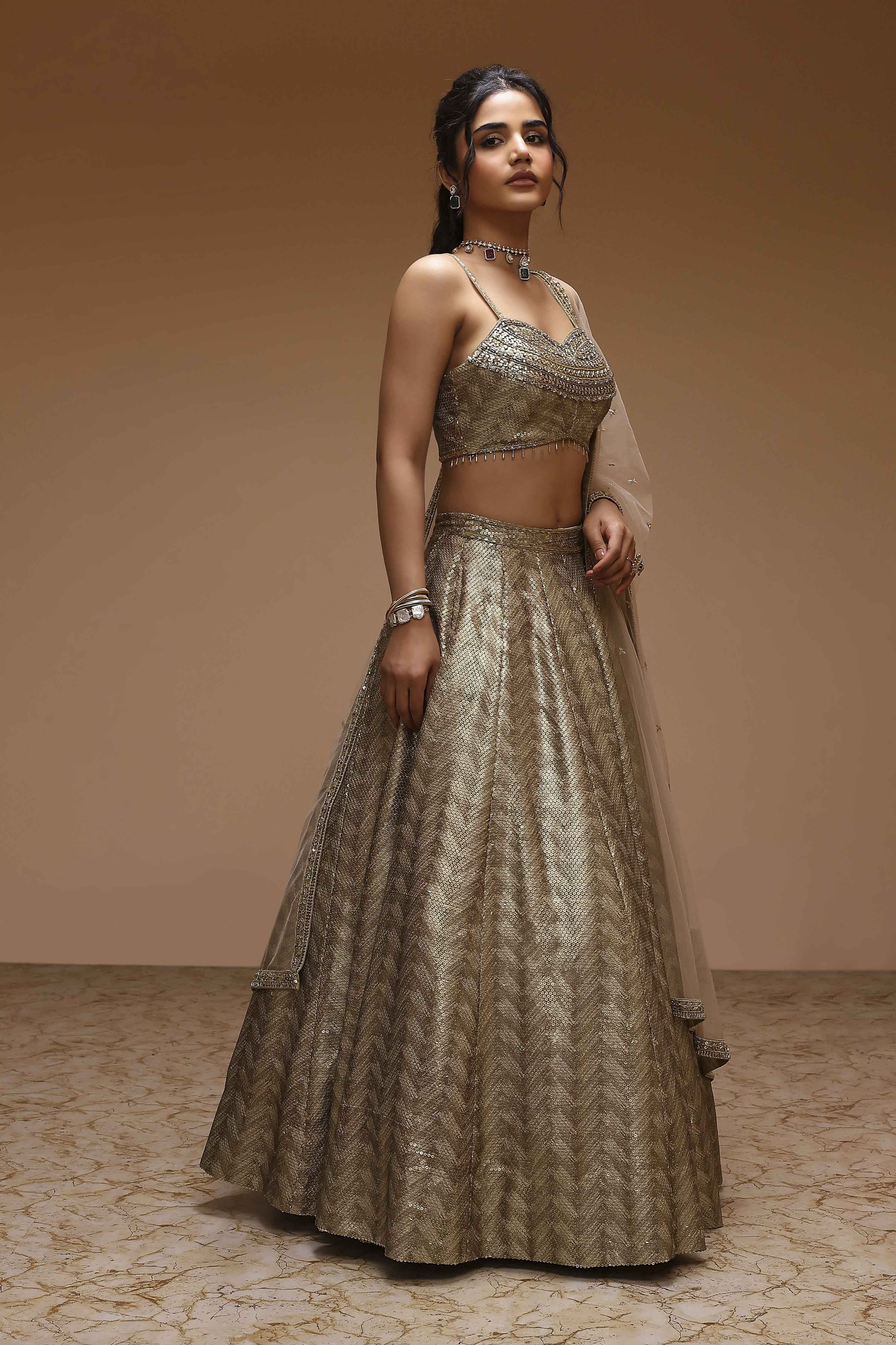 Gold-Toned Georgette Sequinned Lehenga Set image number 5