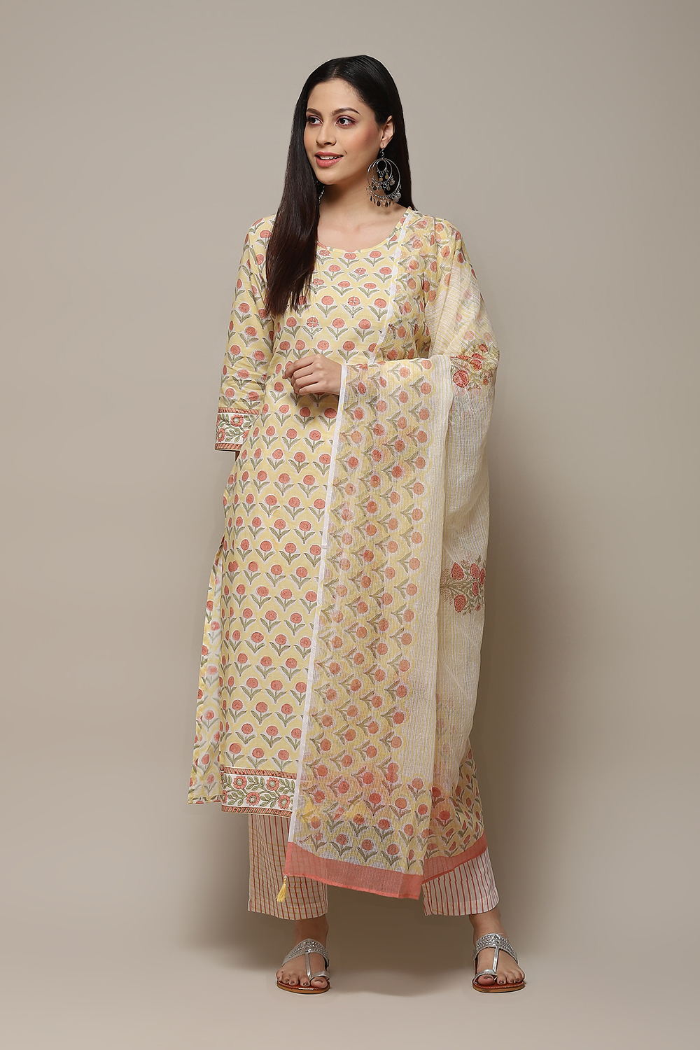 Yellow Cotton Hand Block Print Unstitched Suit Set image number 8