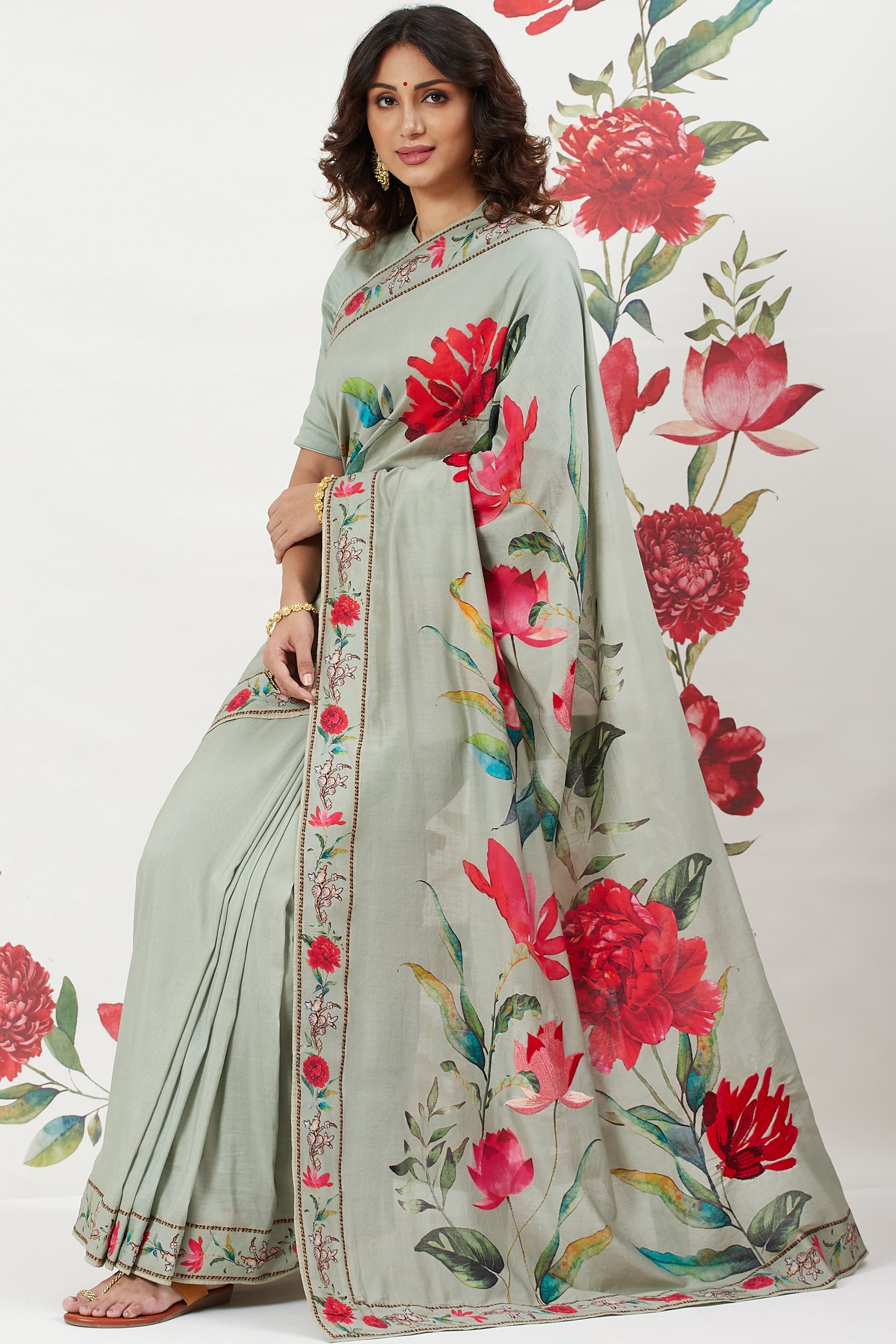 Green Chanderi Silk Printed Saree With Blouse image number 0