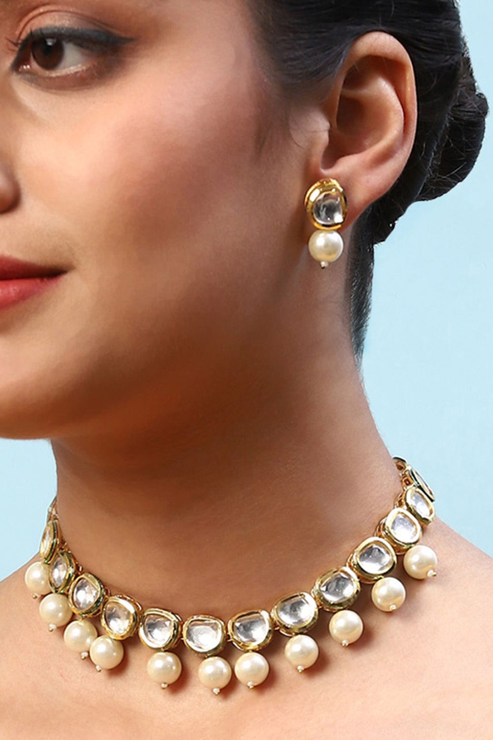 Gold Pearl Brass Necklace Set image number 1