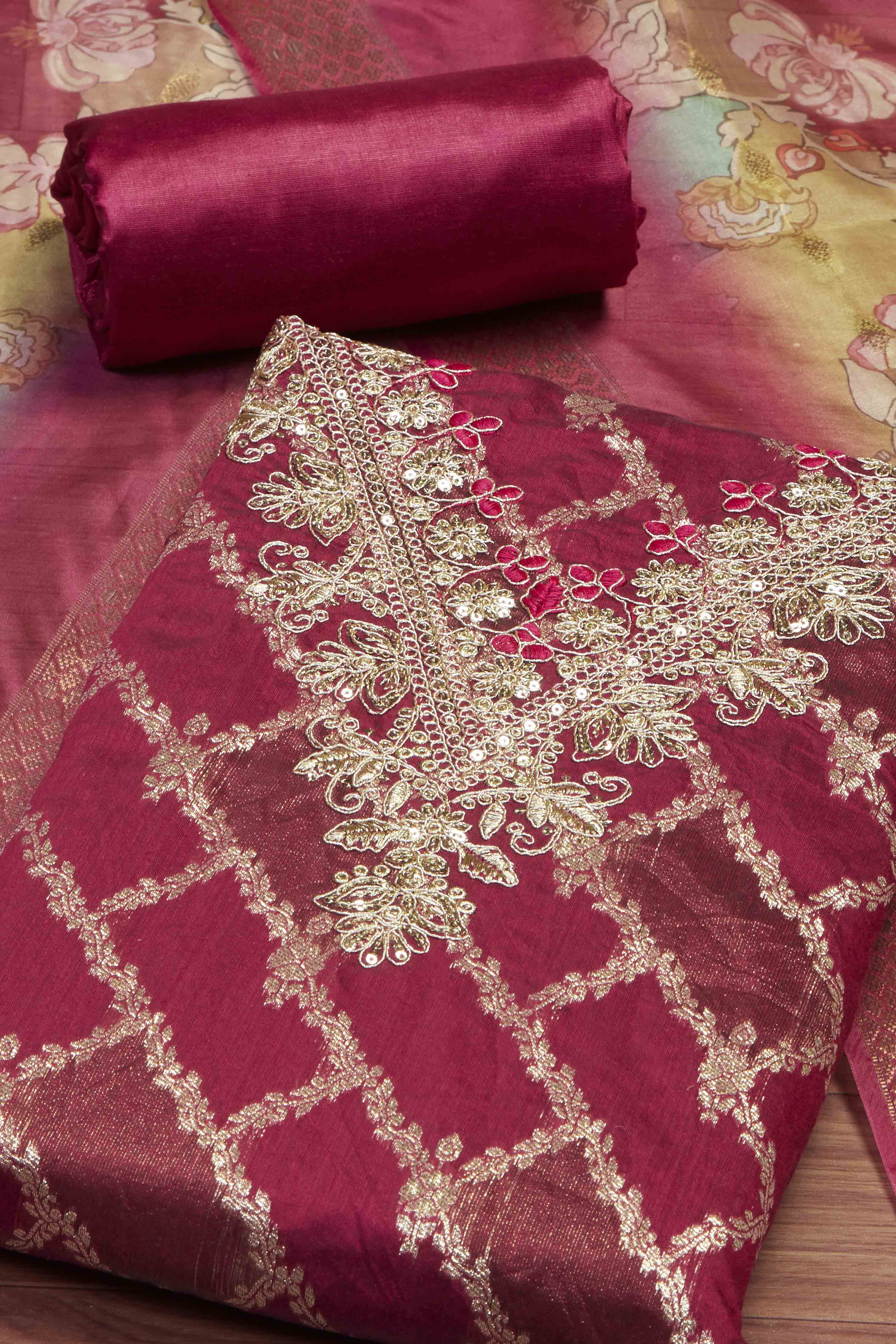 Blue Cotton Printed Embroidered Unstitched Suit Set image number 1