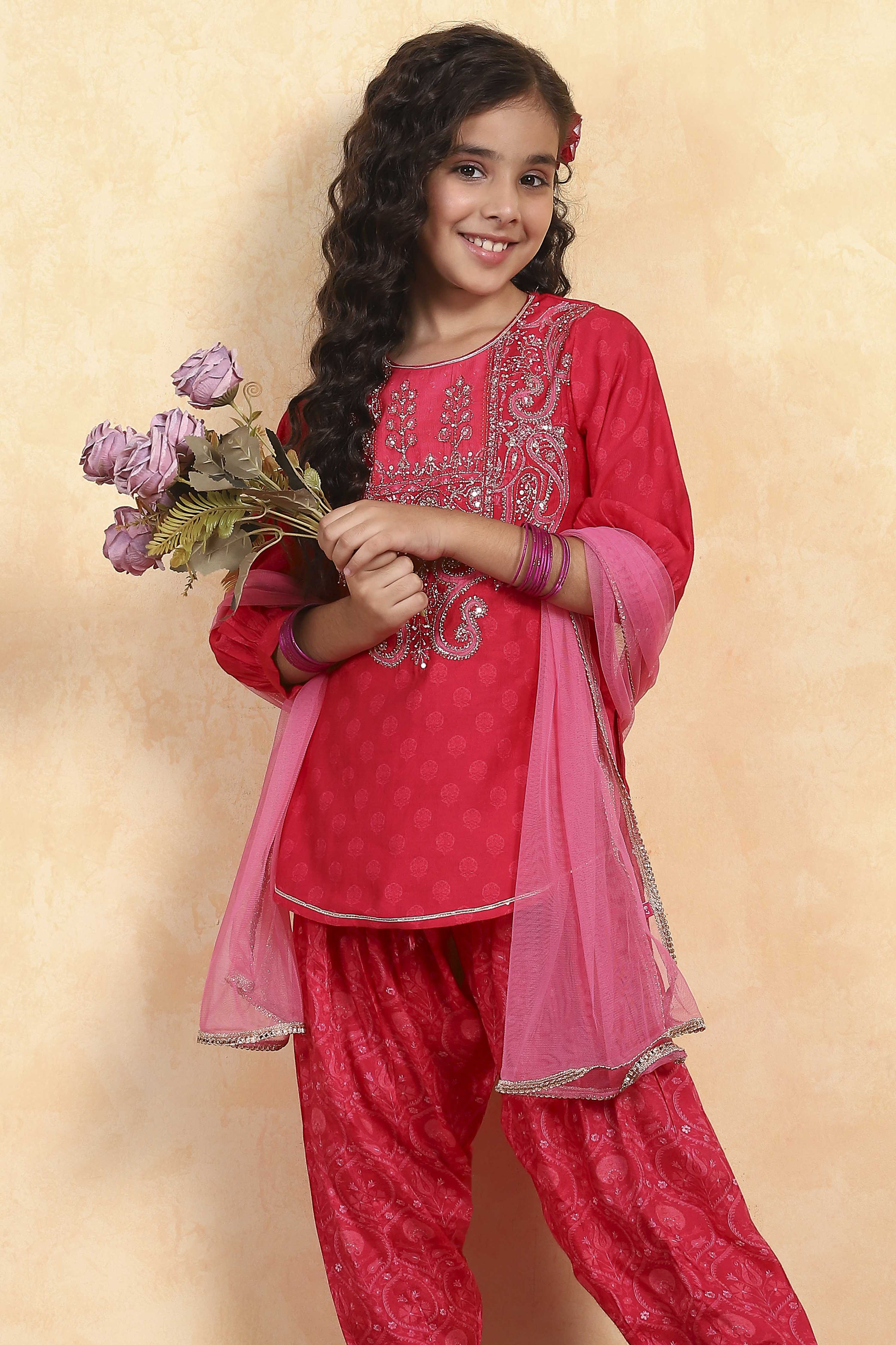 Pink Cotton Blend Printed Straight Suit Set image number 7