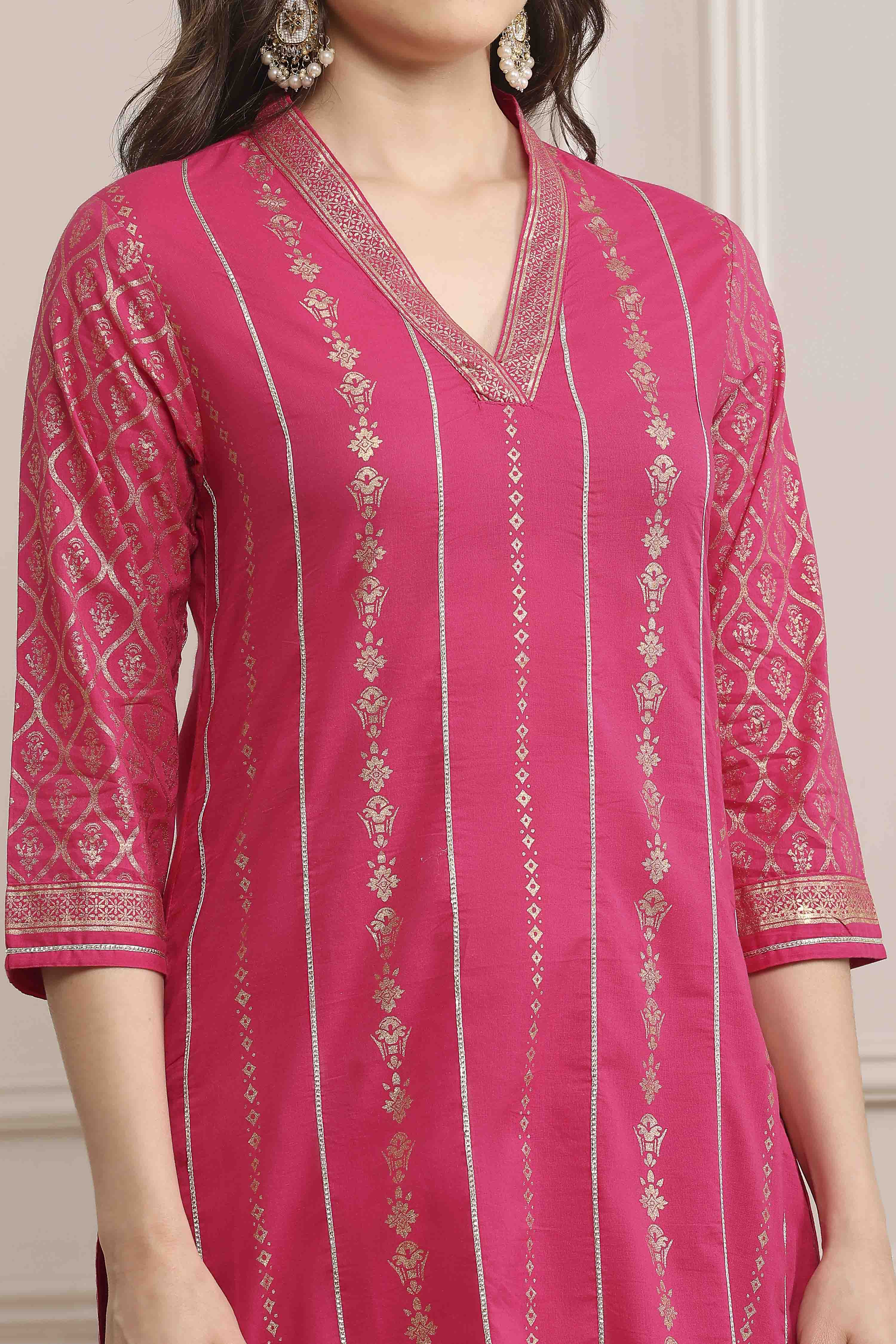 Fuchsia Cotton Straight Kurta Pants Suit Set image number 1