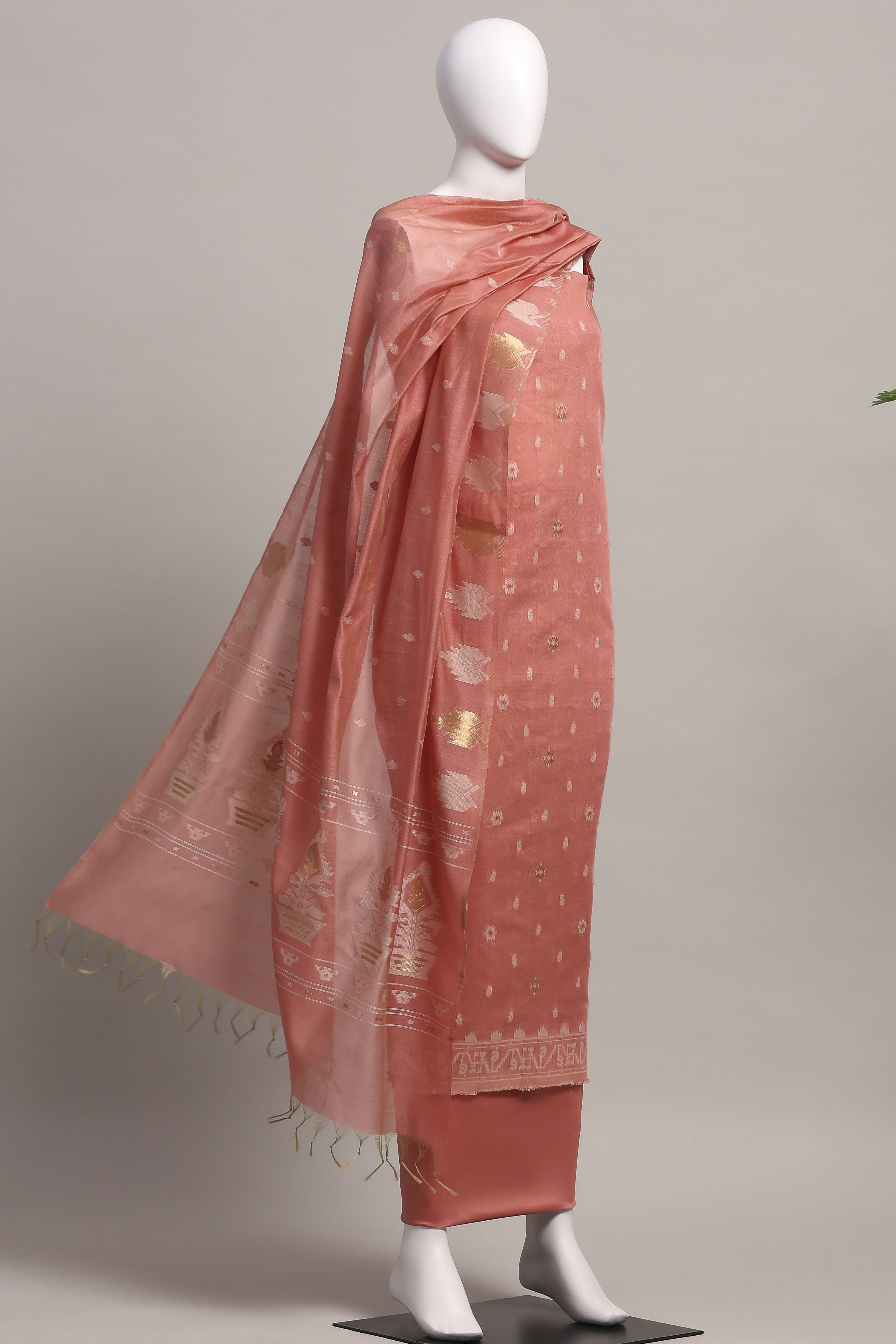 Light Blue Cotton Jamdani Unstitched Suit Set image number 4