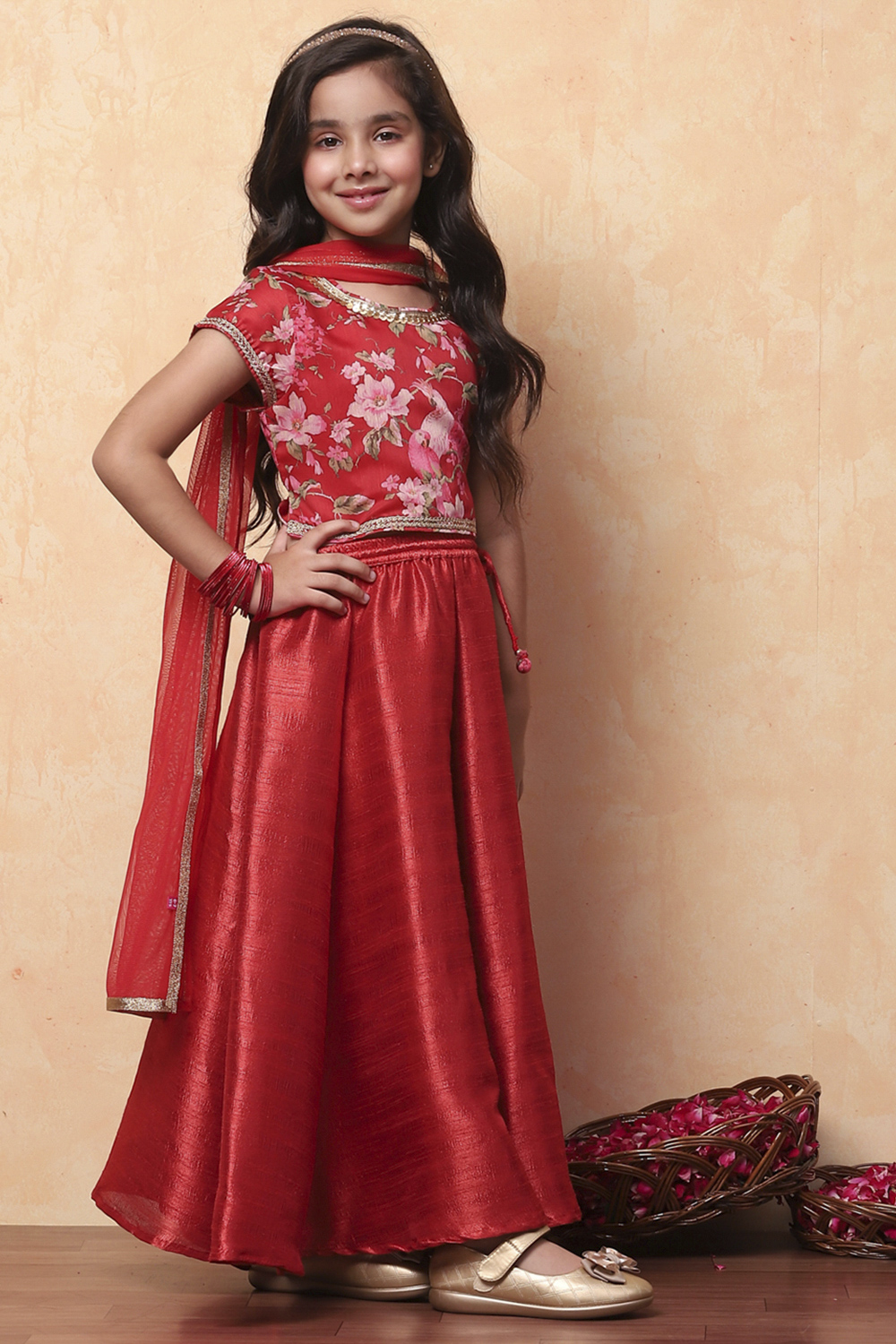 Red Floral Printed Flared Festive Lehenga Set image number 0
