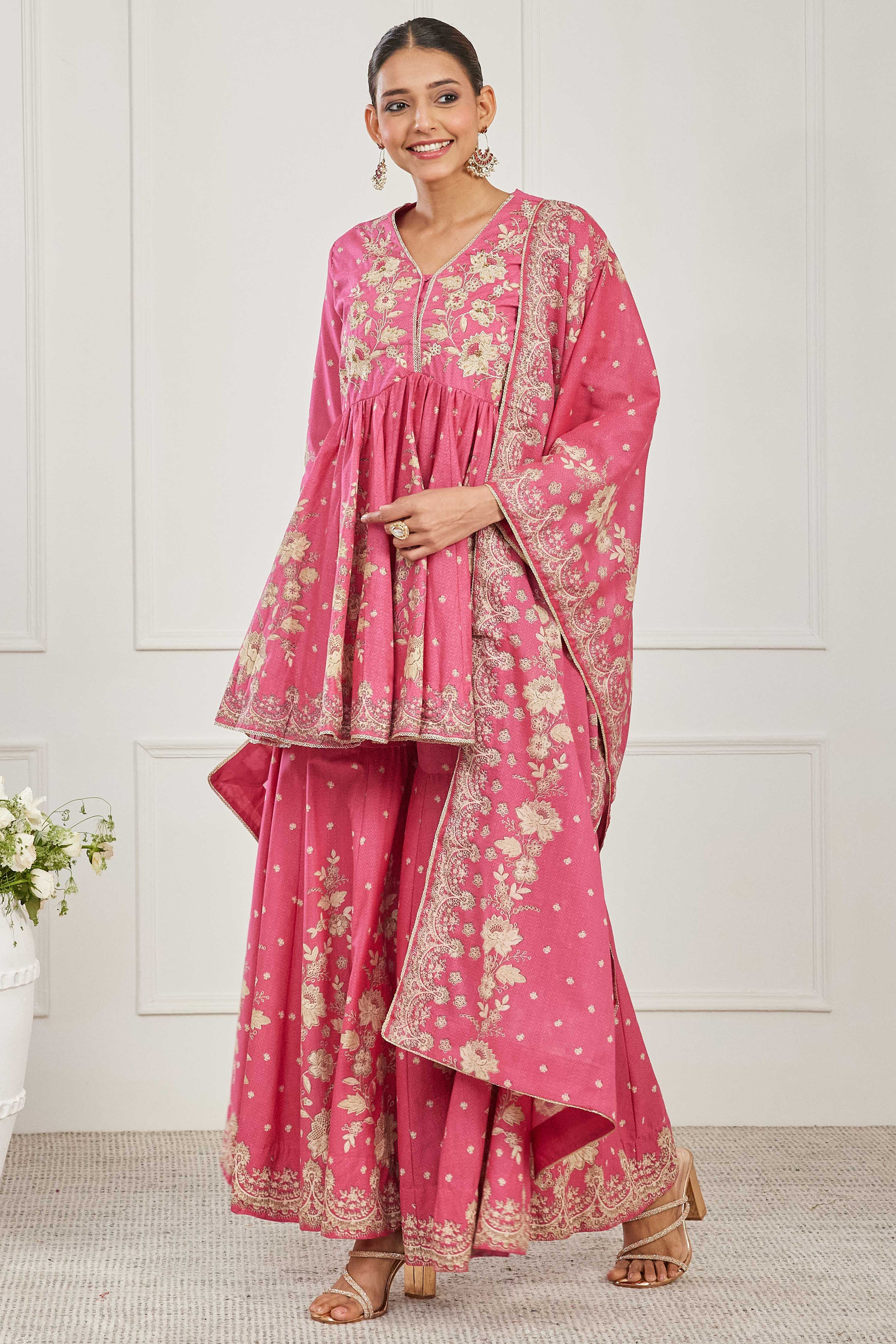 Pink Cotton Floral Embroidered Garara Kurta Set image number 4