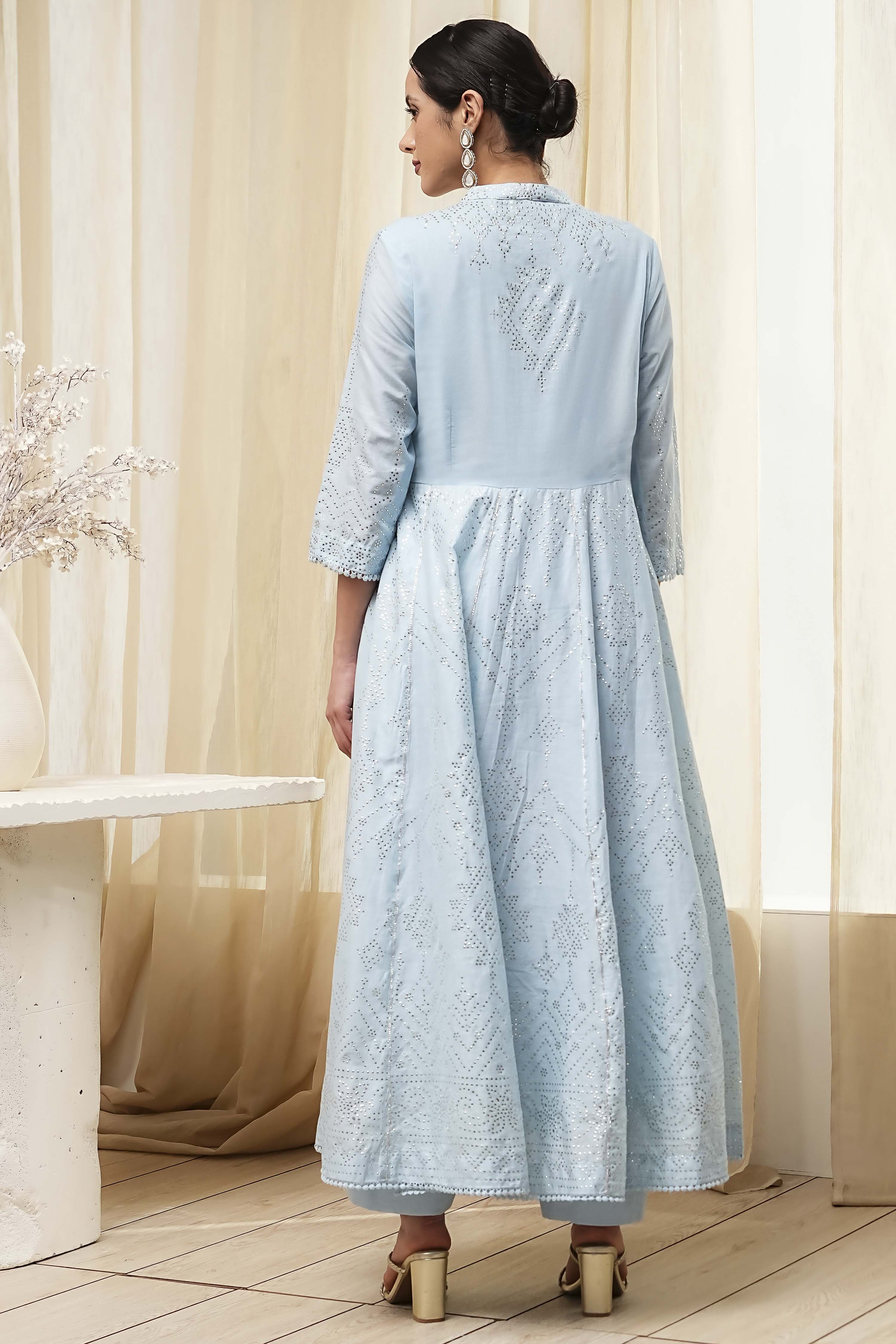 Off-White Cotton Embellished Anarkali Suit Set image number 4